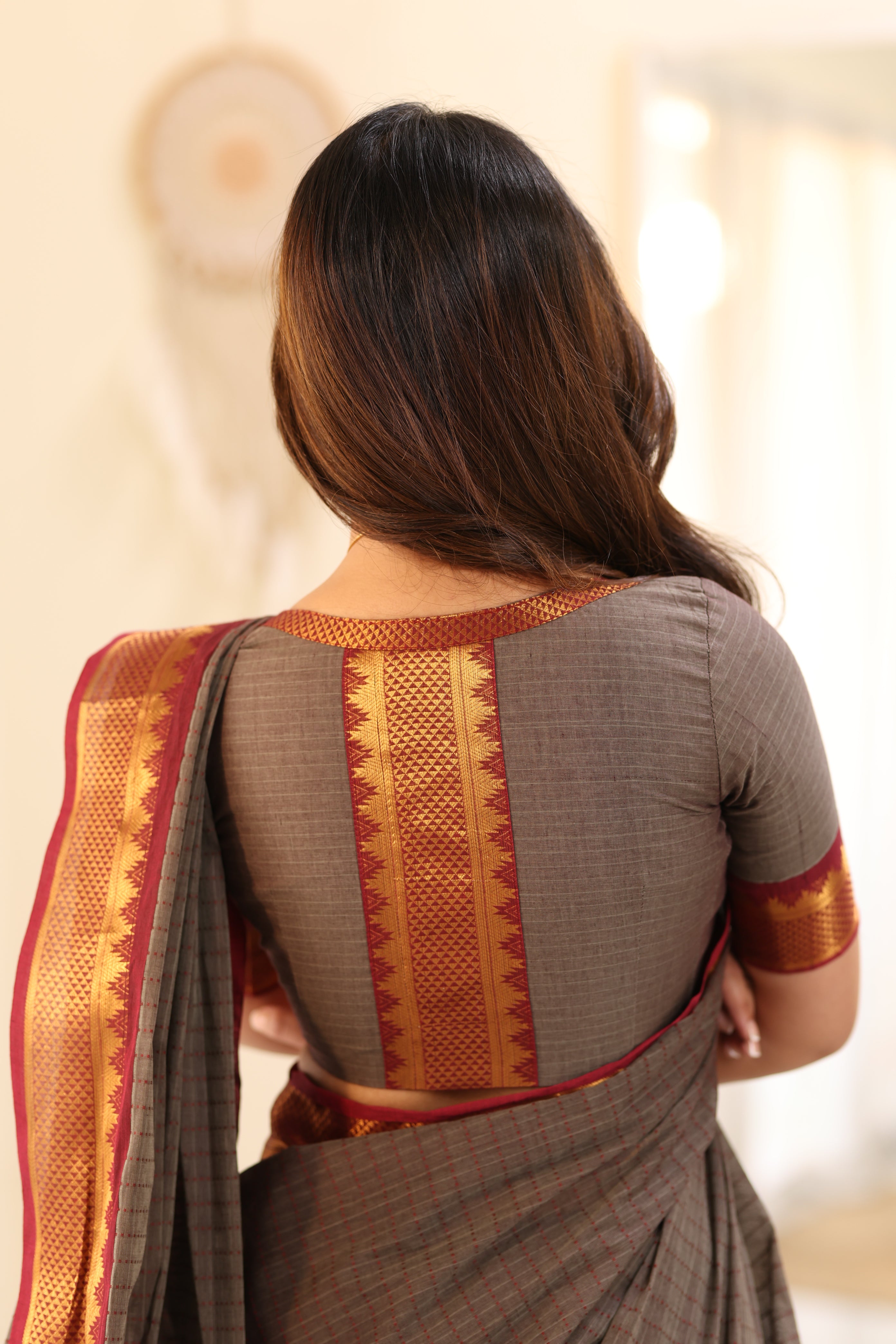Smokey Grey and Maroon Border Chettinad Cotton Saree