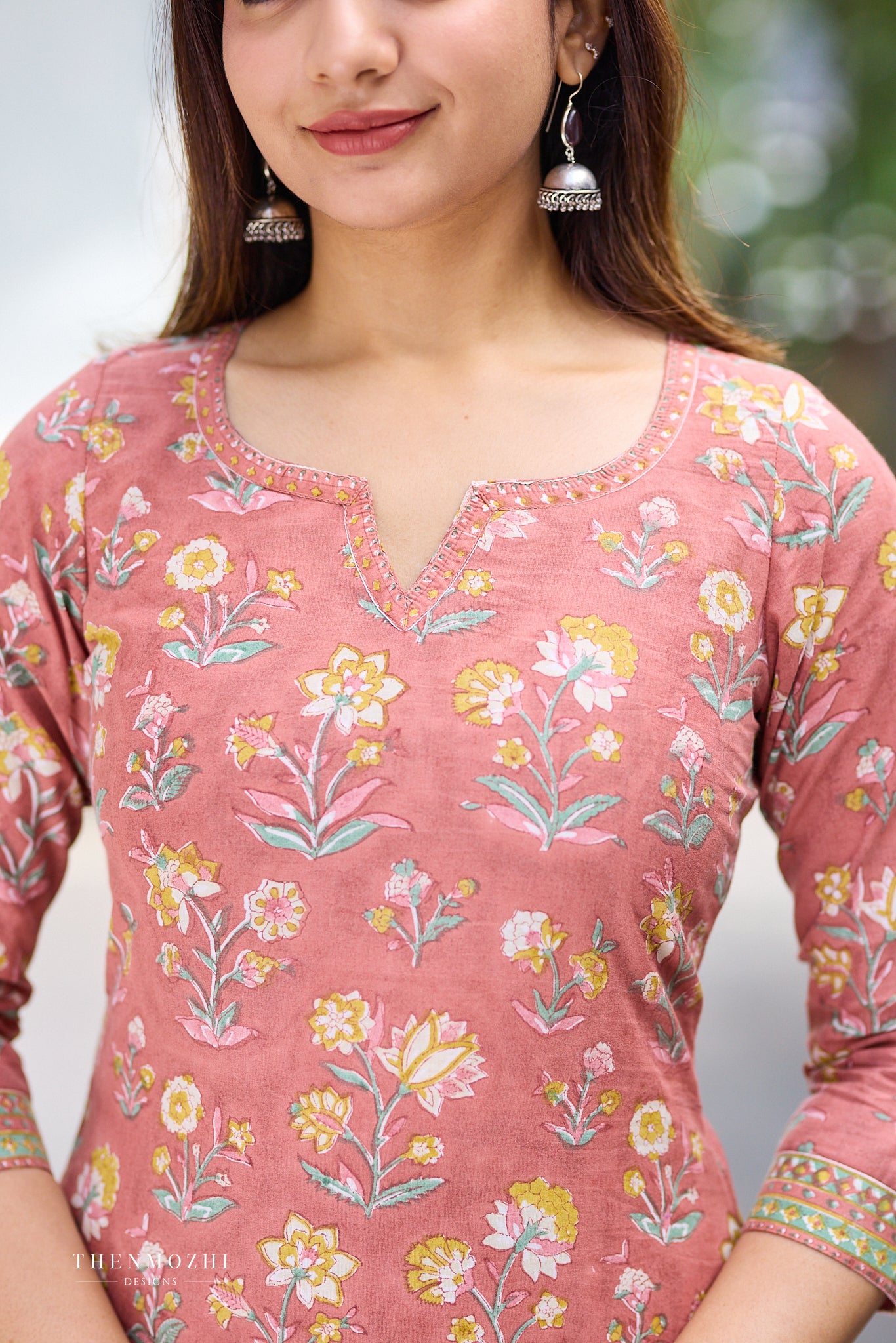 Rustic Coral Block Print Co-ord Set with Back Corset Lacing