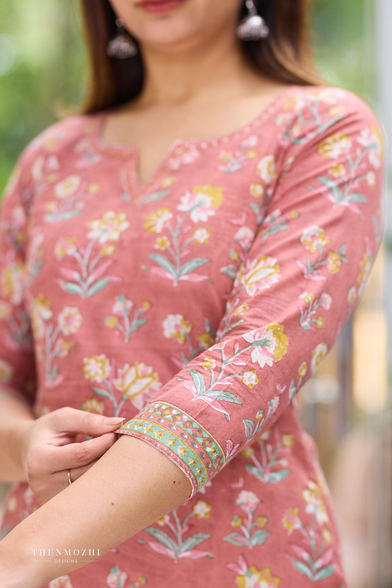 Rustic Coral Block Print Co-ord Set with Back Corset Lacing