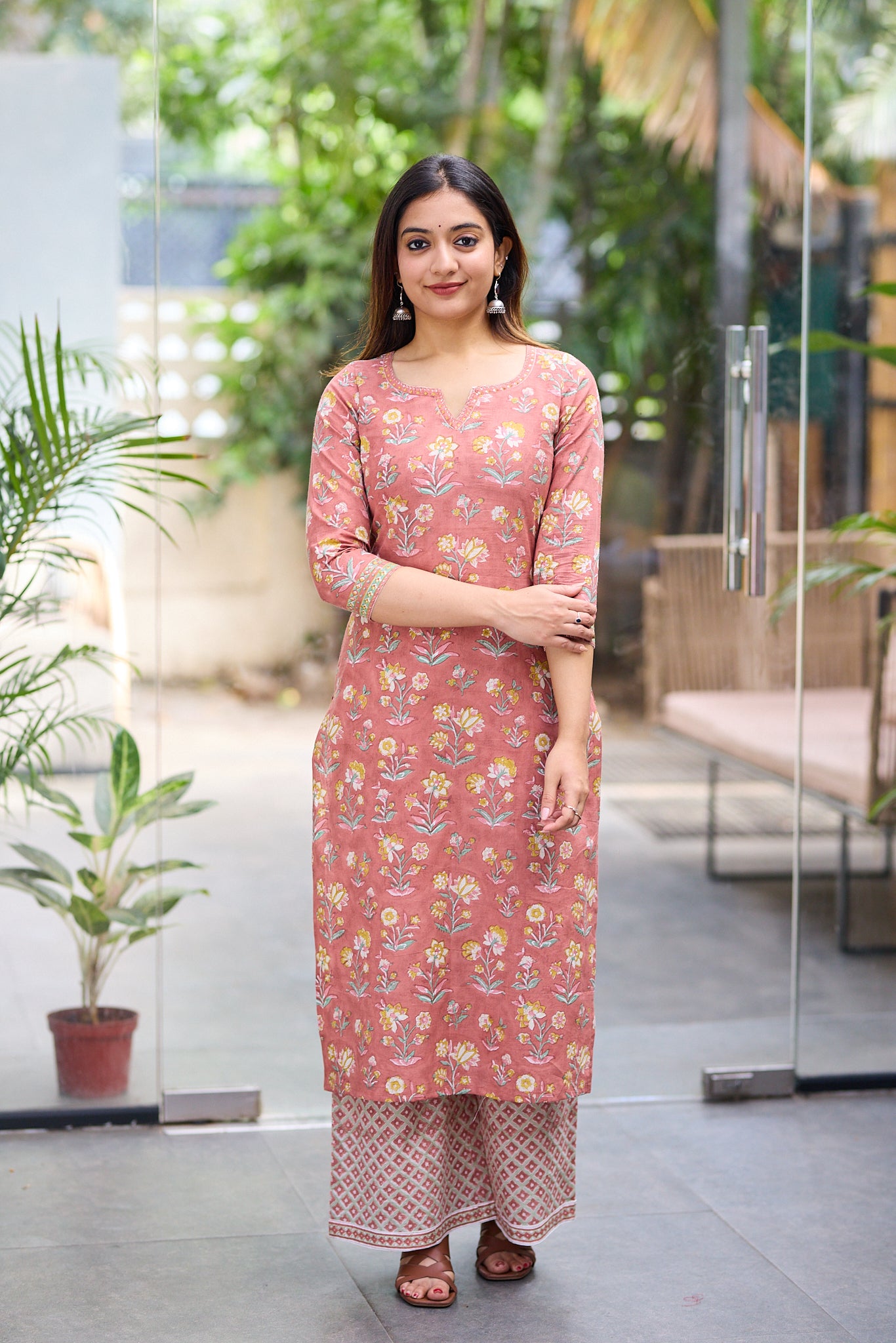 Rustic Coral Block Print Co-ord Set with Back Corset Lacing