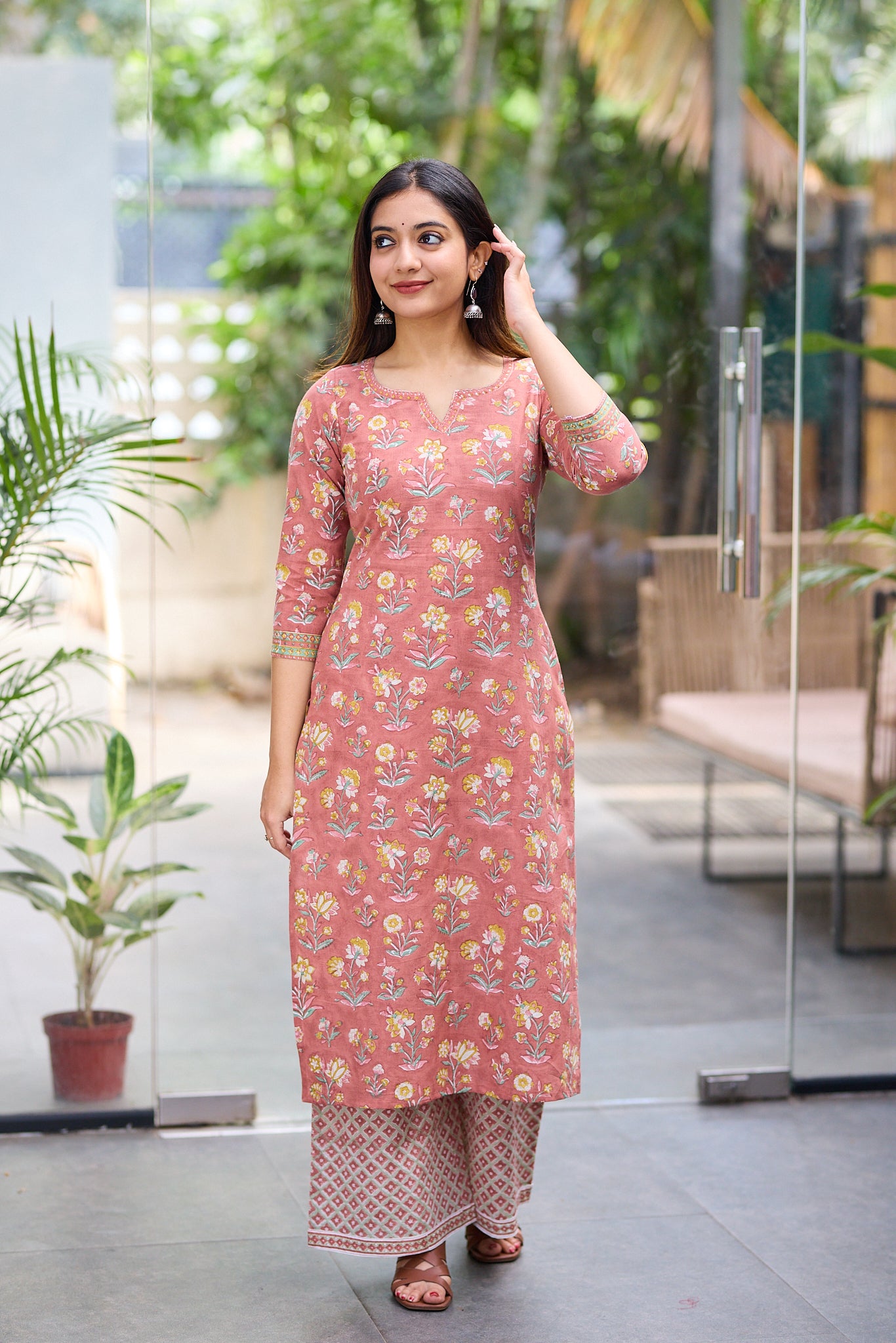 Rustic Coral Block Print Co-ord Set with Back Corset Lacing
