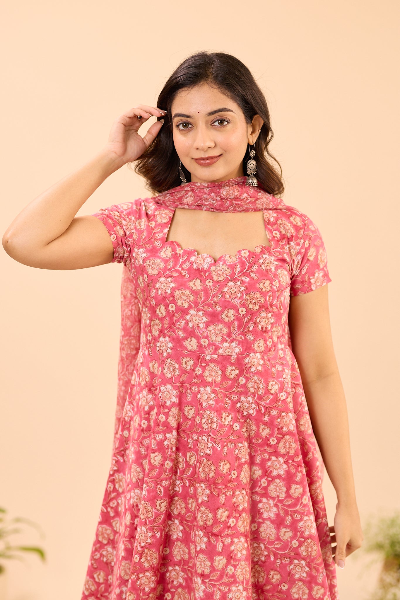 Blush Pink with Scallop Neck Cotton Anarkali Suit Set