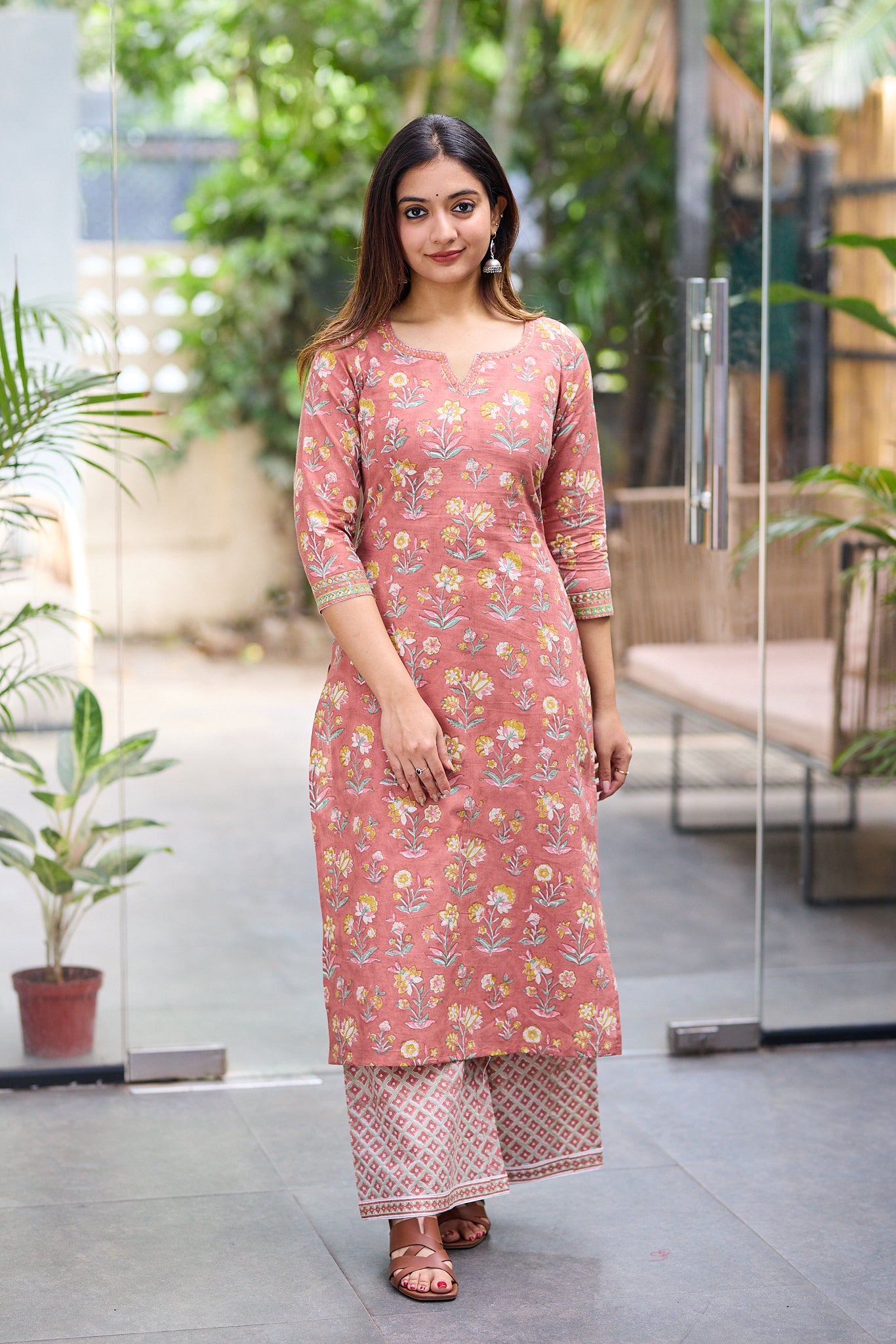 Rustic Coral Block Print Co-ord Set with Back Corset Lacing