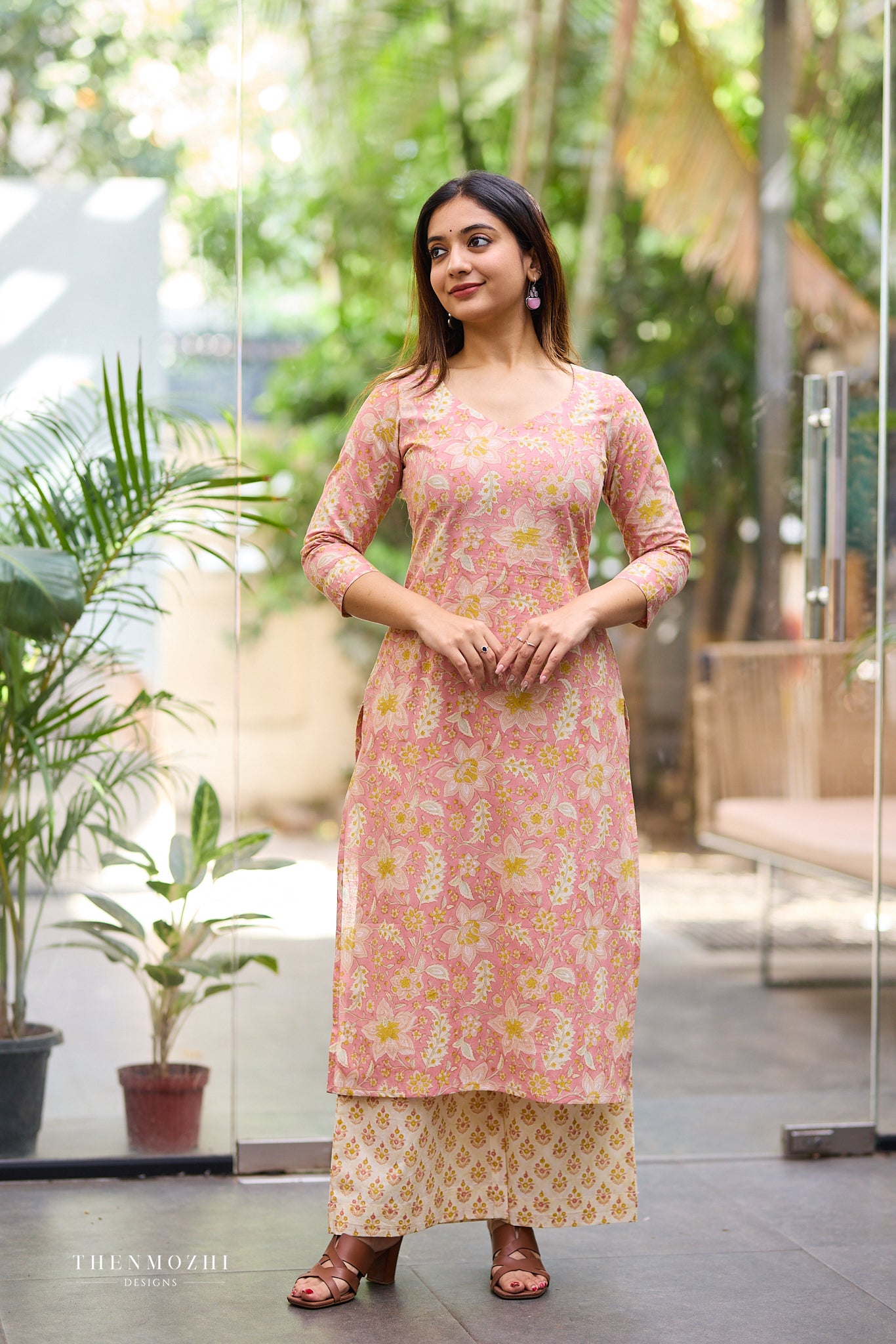 Soft peachy pink Block Print Co-ord Set with Back Corset Lacing