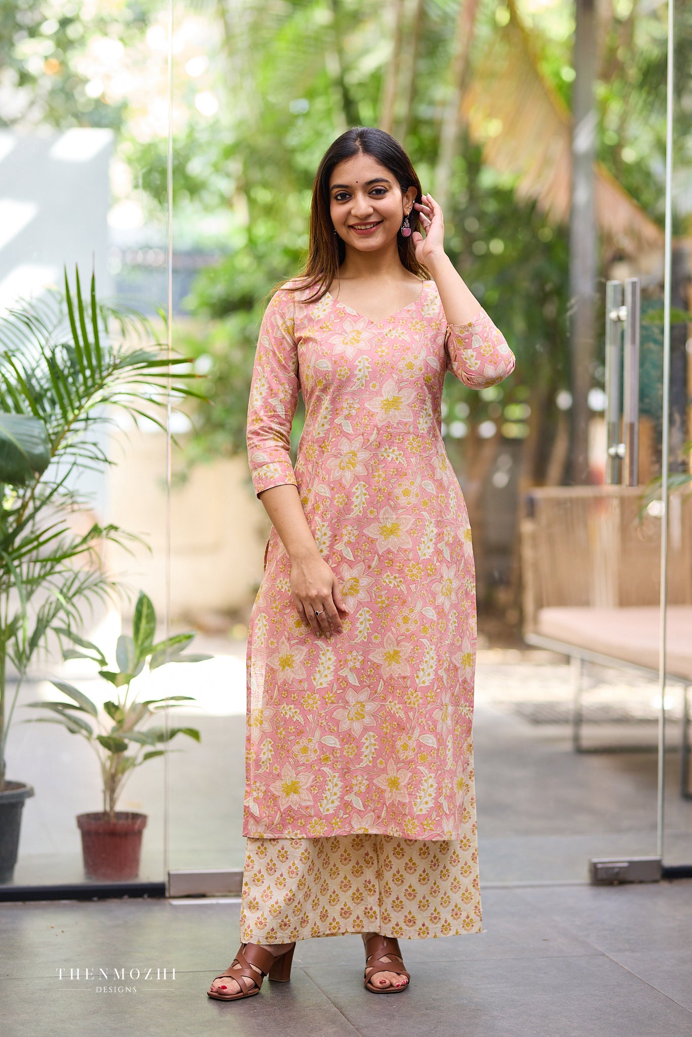 Soft peachy pink Block Print Co-ord Set with Back Corset Lacing