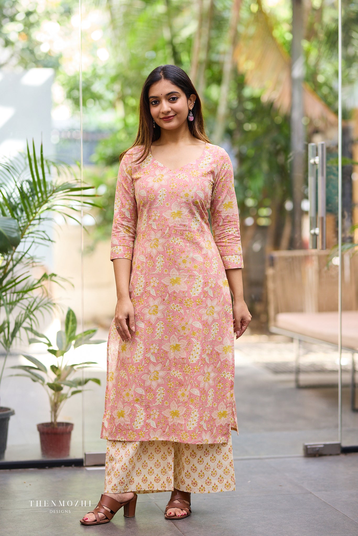 Soft peachy pink Block Print Co-ord Set with Back Corset Lacing