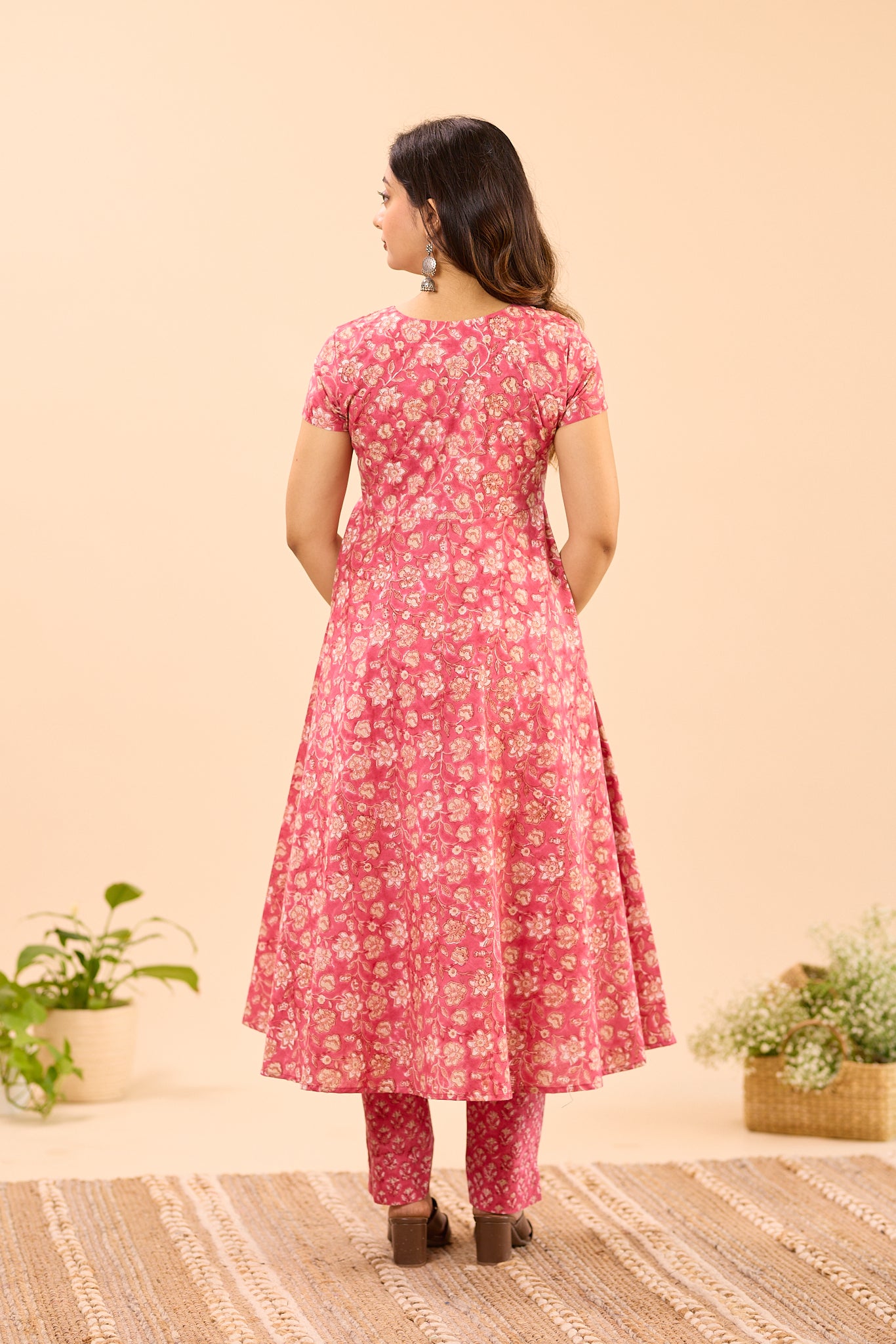 Blush Pink with Scallop Neck Cotton Anarkali Suit Set