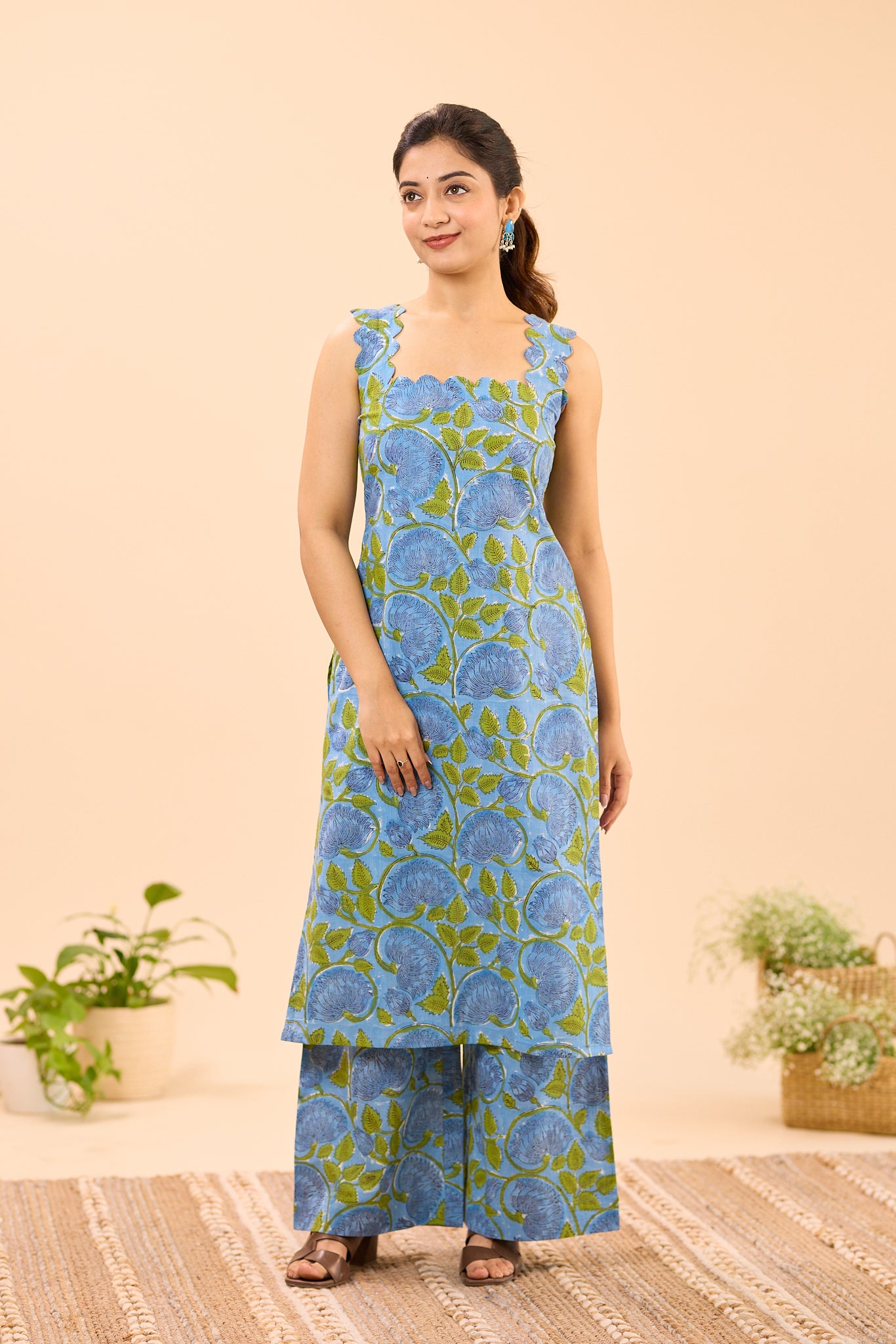Blue with Green Floral Printed Sleeveless Cotton Co-ord set