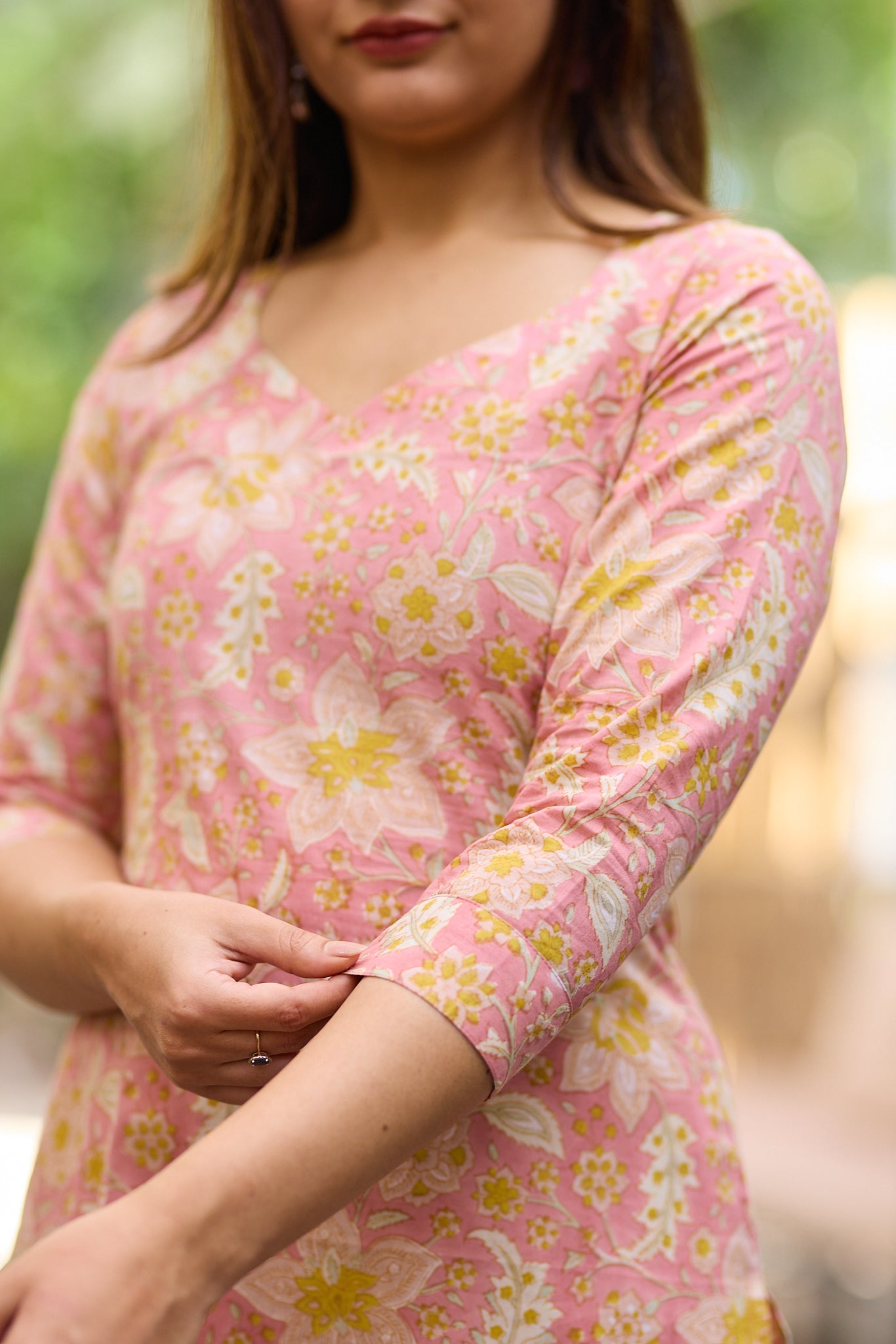 Soft peachy pink Block Print Co-ord Set with Back Corset Lacing