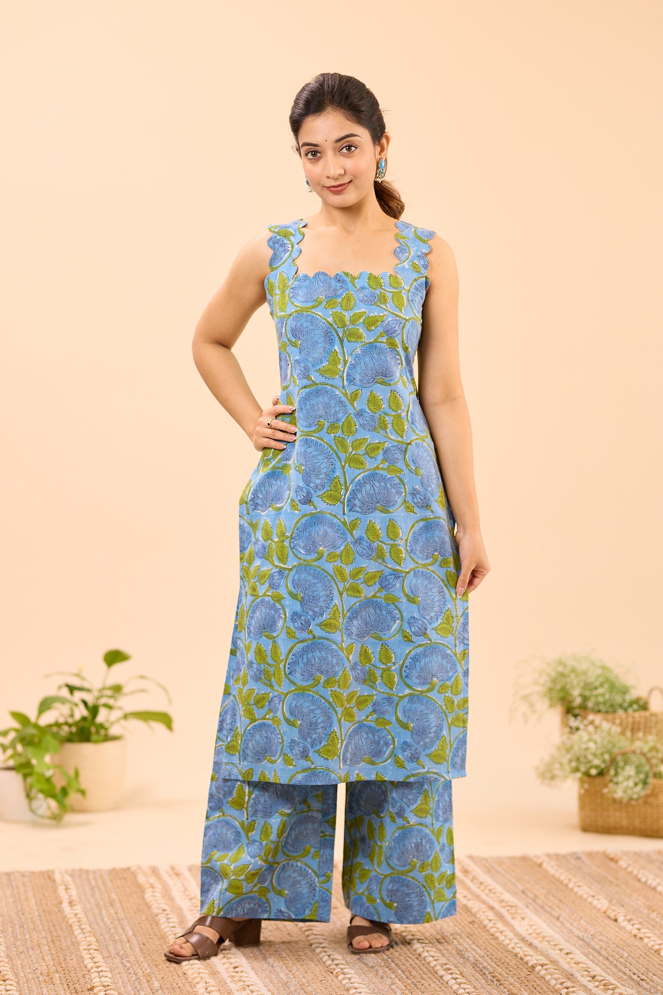 Blue with Green Floral Printed Sleeveless Cotton Co-ord set