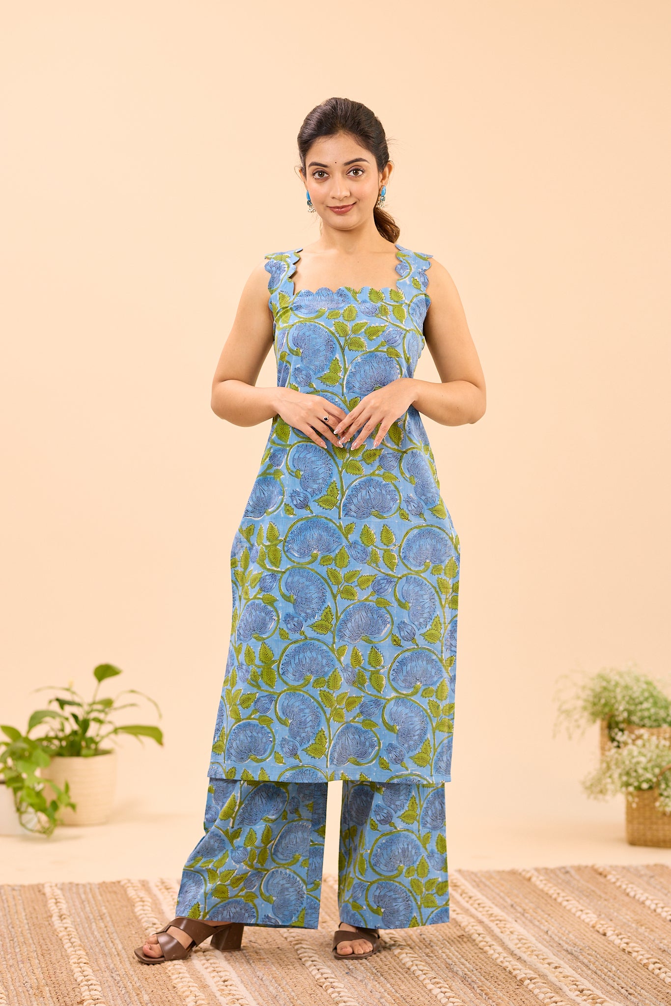 Blue with Green Floral Printed Sleeveless Cotton Co-ord set
