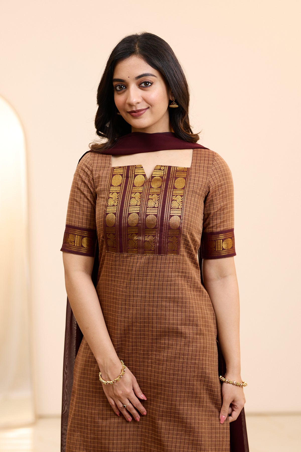 Cinnamon Brown Chettinad Cotton Top and Dupatta