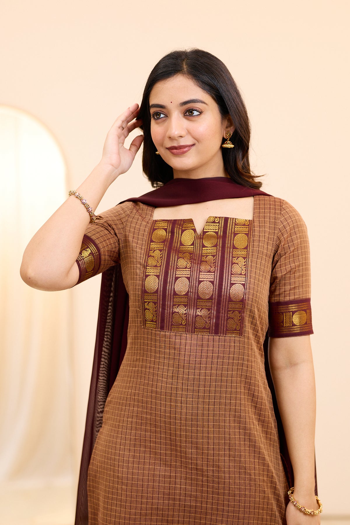 Cinnamon Brown Chettinad Cotton Top and Dupatta