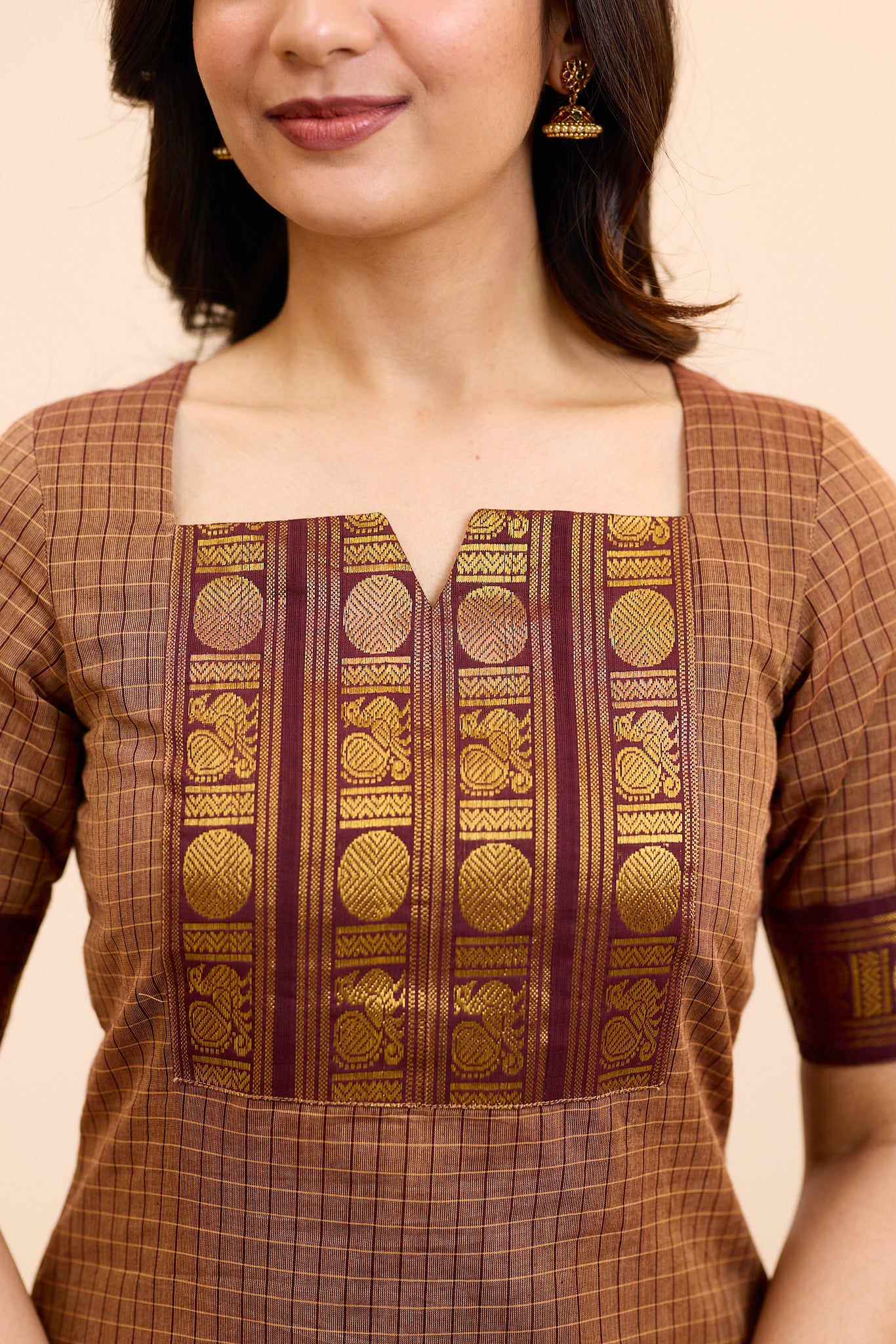 Cinnamon Brown Chettinad Cotton Top and Dupatta