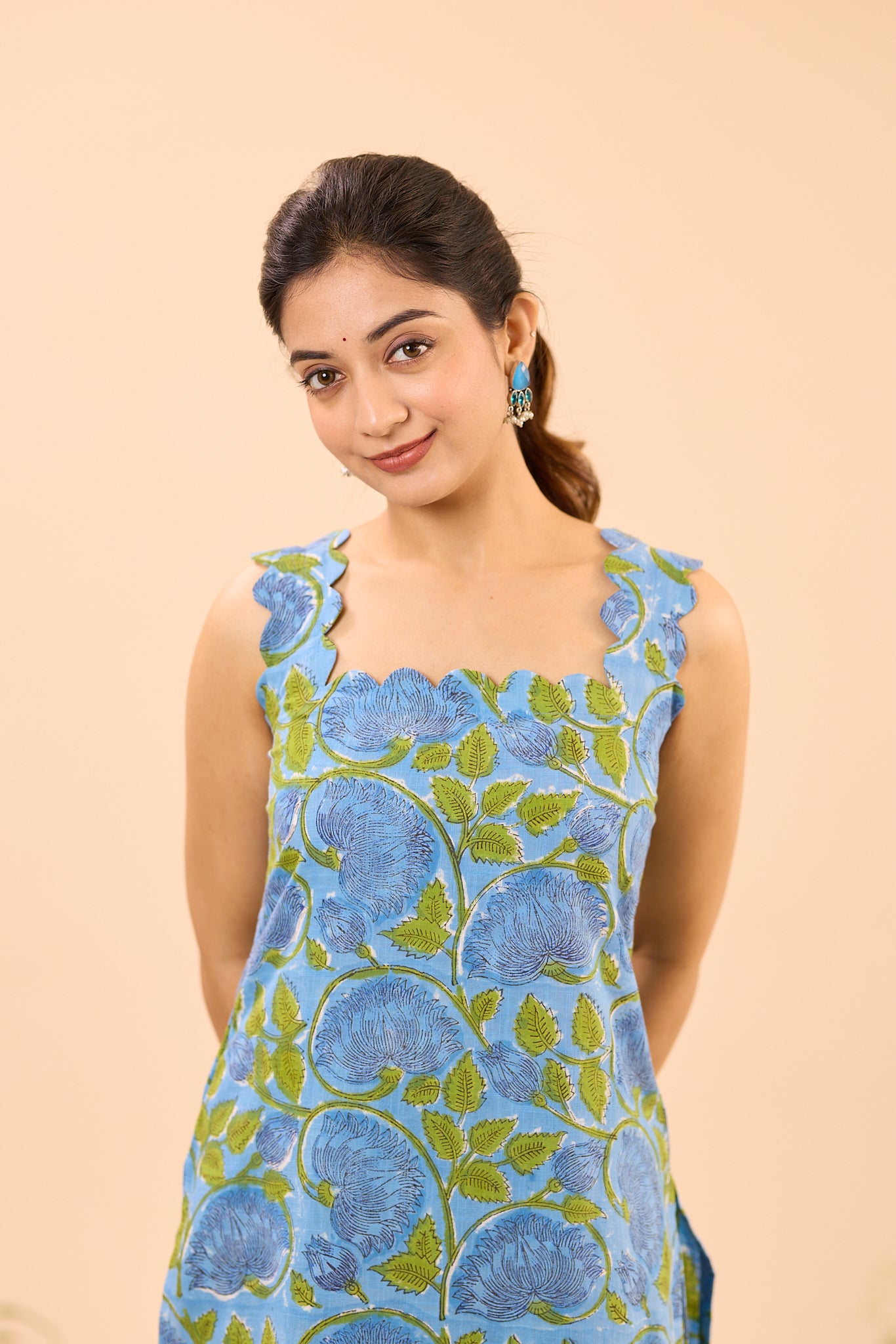 Blue with Green Floral Printed Sleeveless Cotton Co-ord set