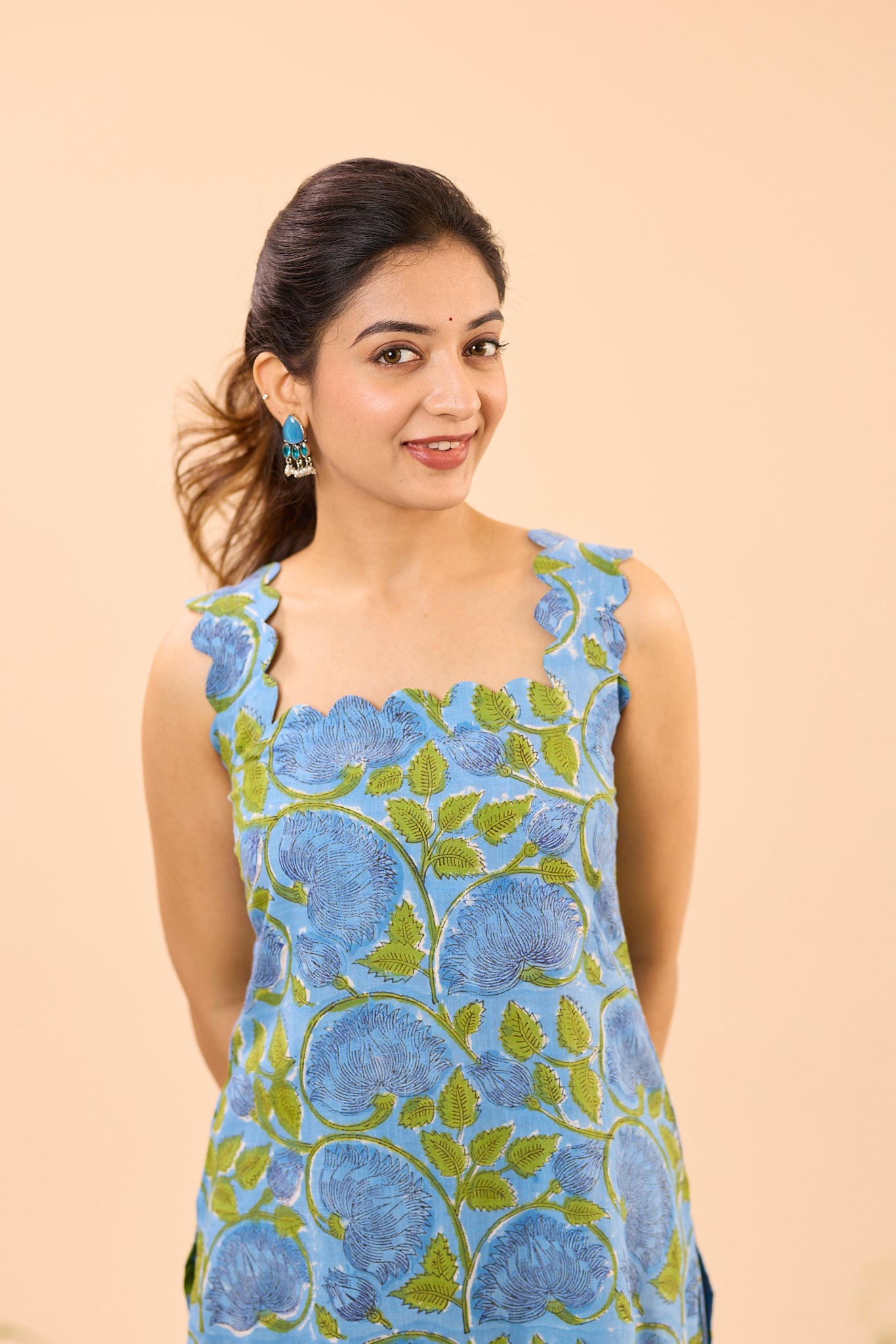 Blue with Green Floral Printed Sleeveless Cotton Co-ord set
