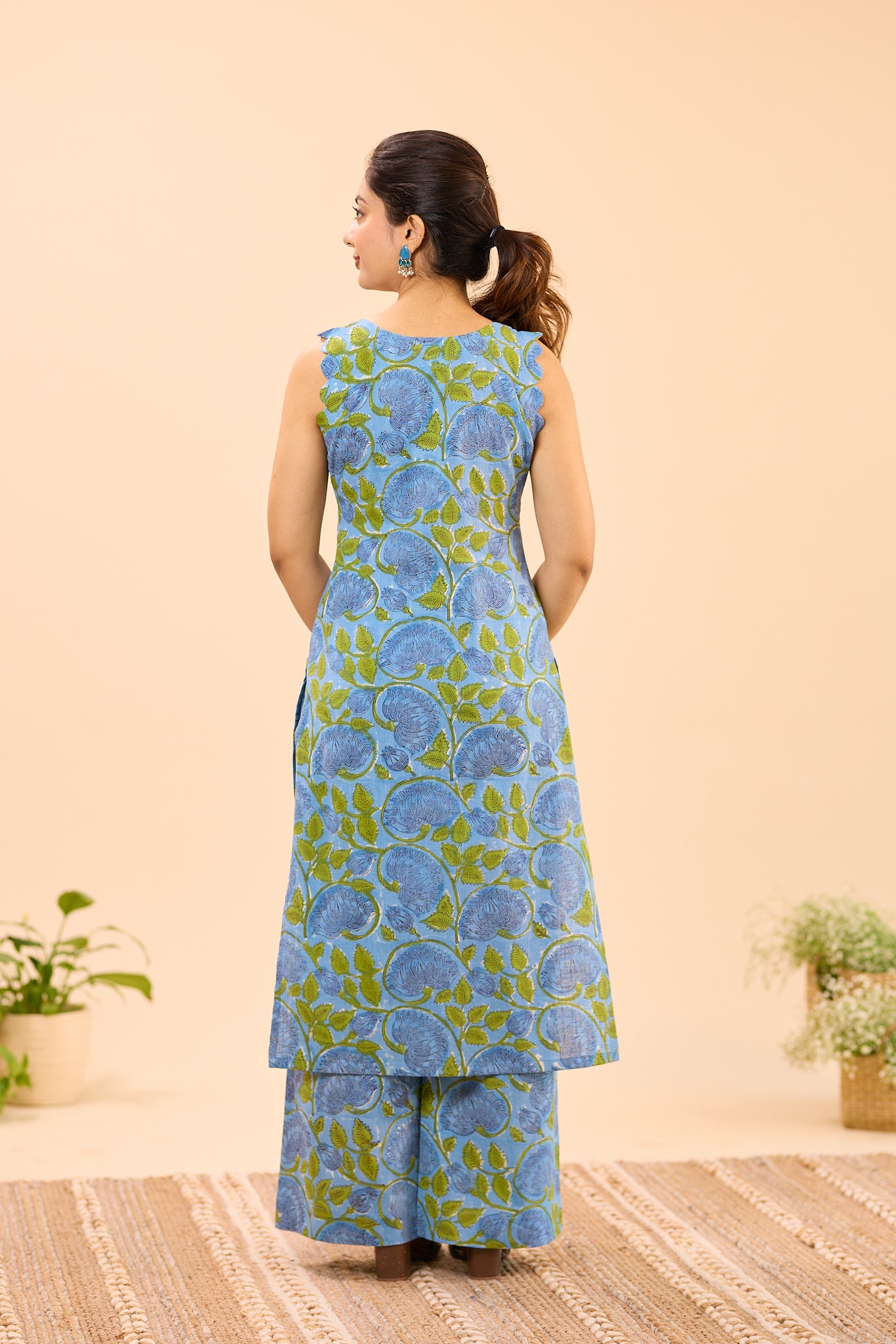 Blue with Green Floral Printed Sleeveless Cotton Co-ord set