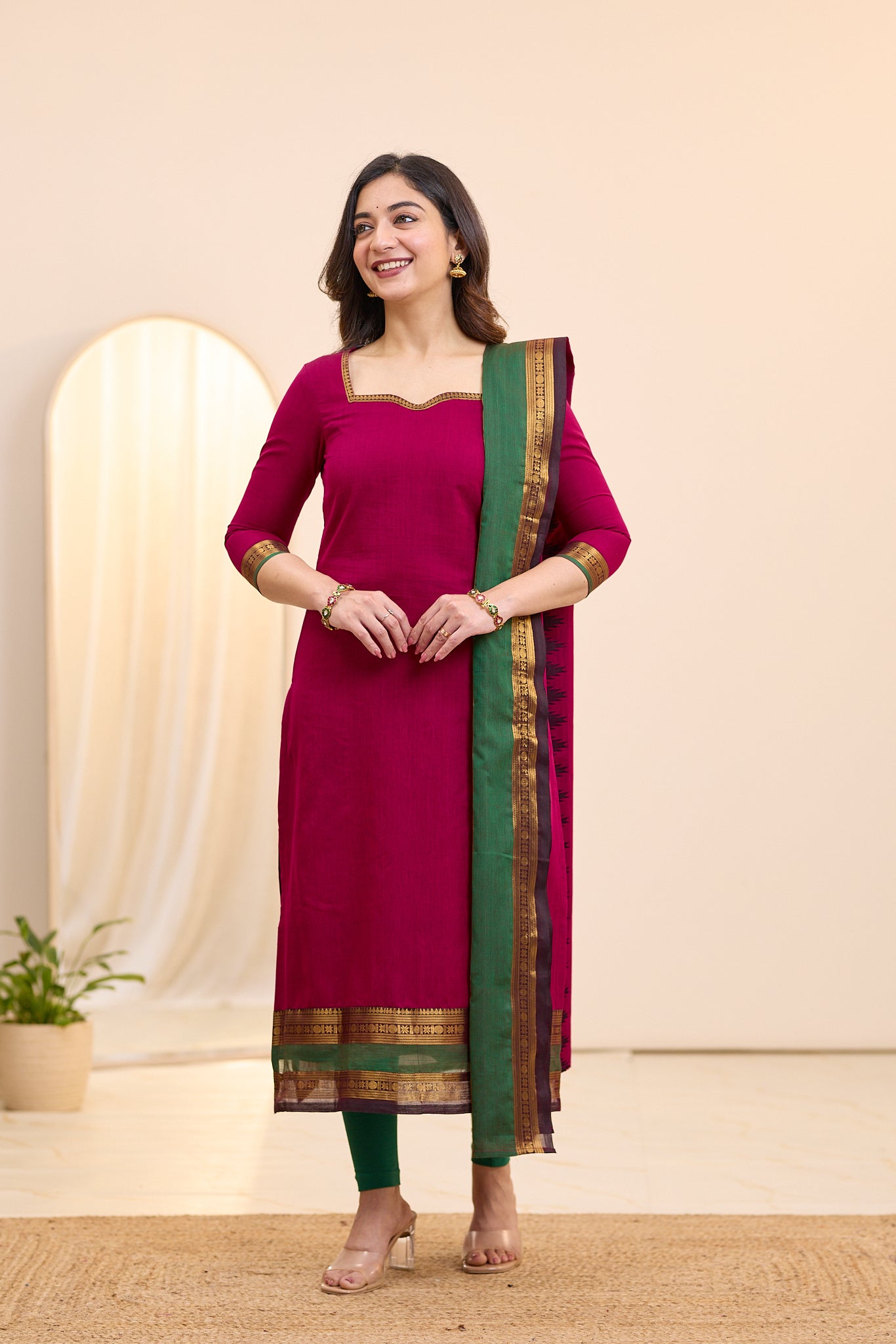 Electric Magenta Chettinad Cotton Top and Dupatta