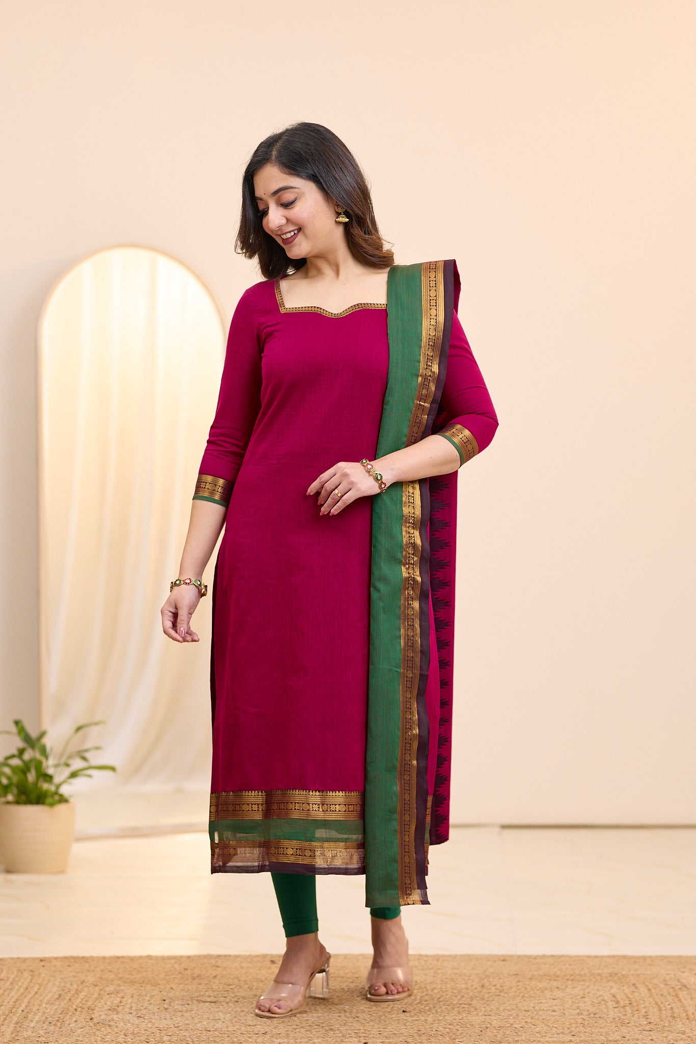 Electric Magenta Chettinad Cotton Top and Dupatta