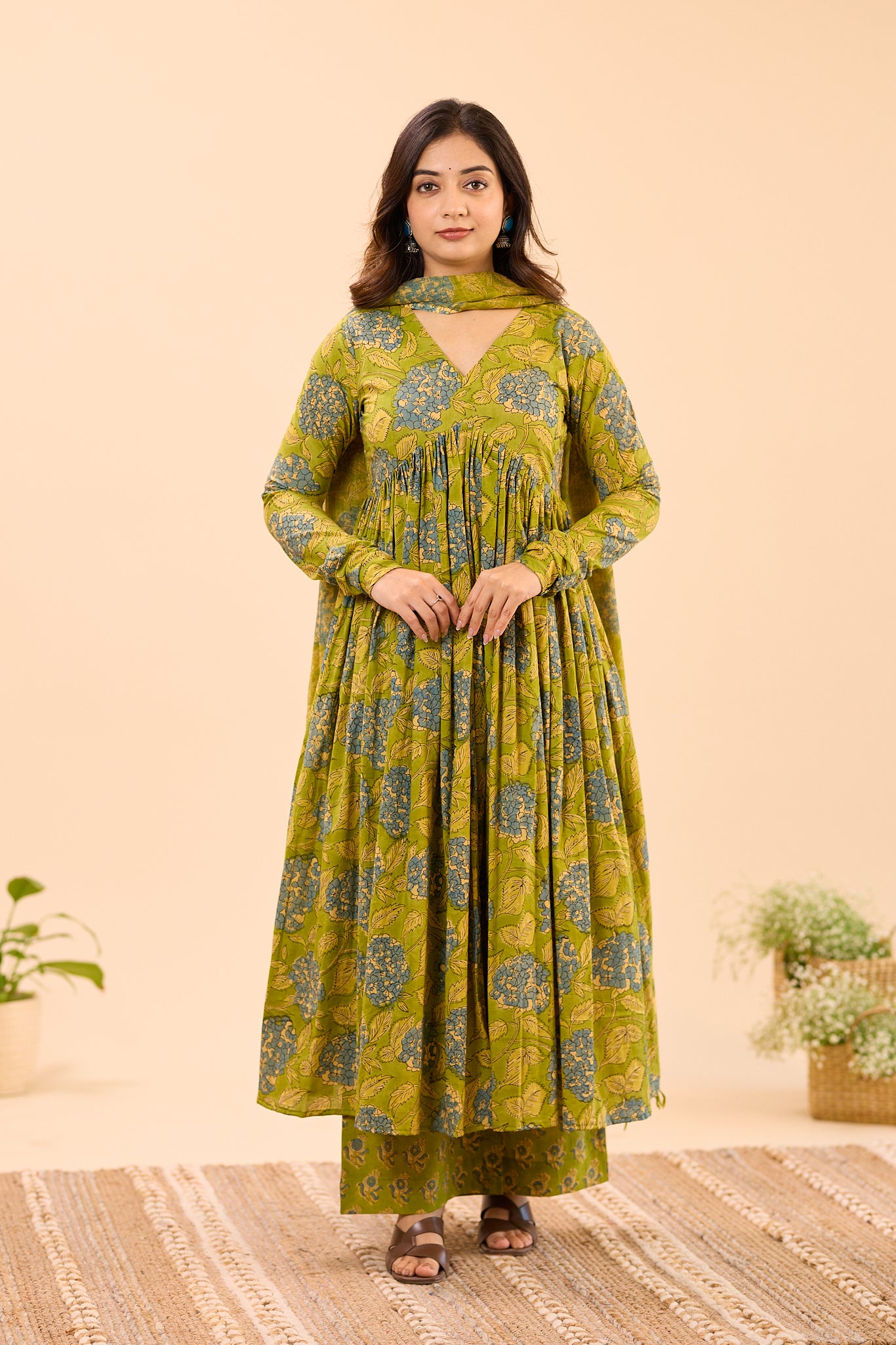 Leafy green with Blue Floral Printed Alia Cut Cotton Suit Set