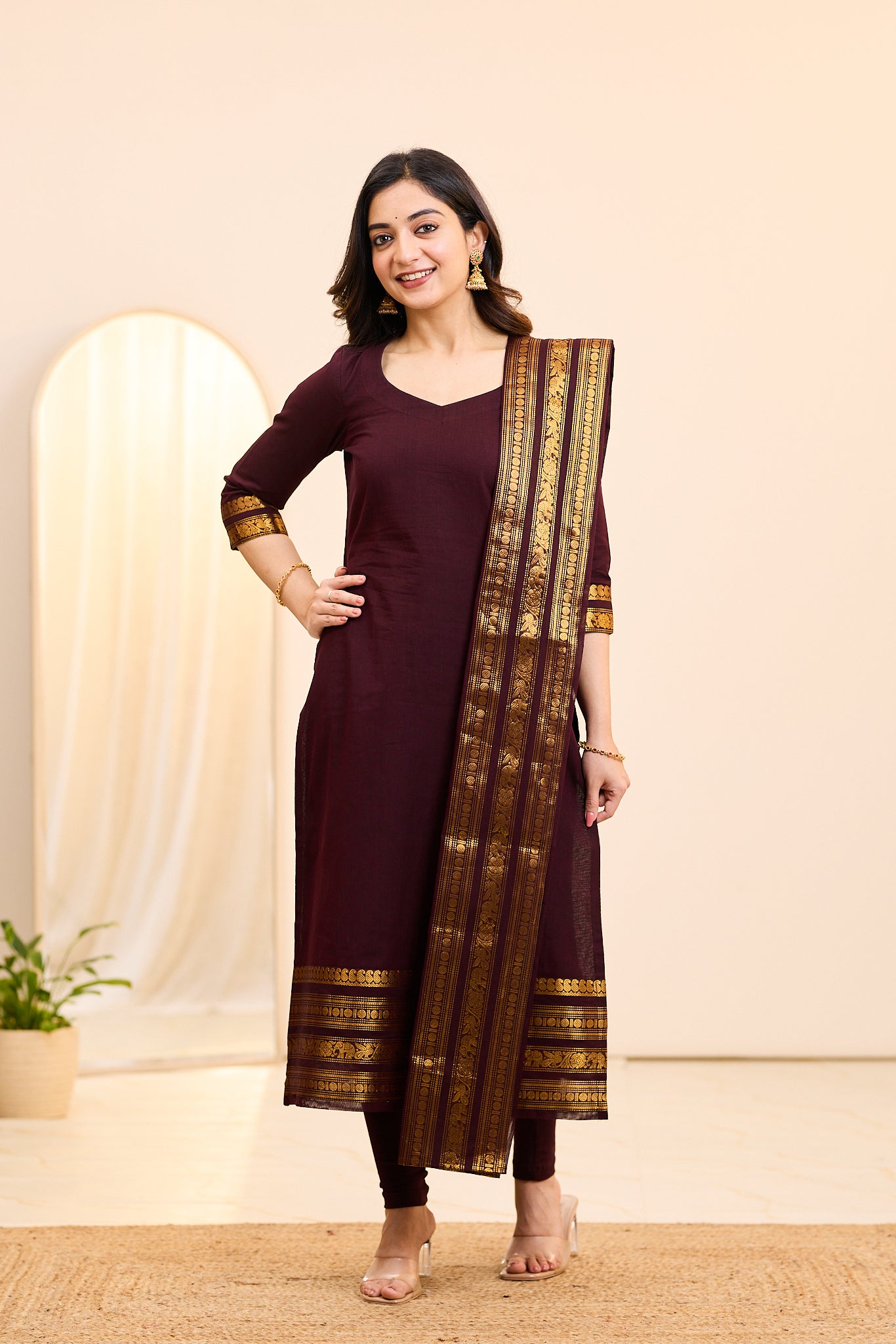 Toffee Brown Chettinad Cotton Top and Dupatta
