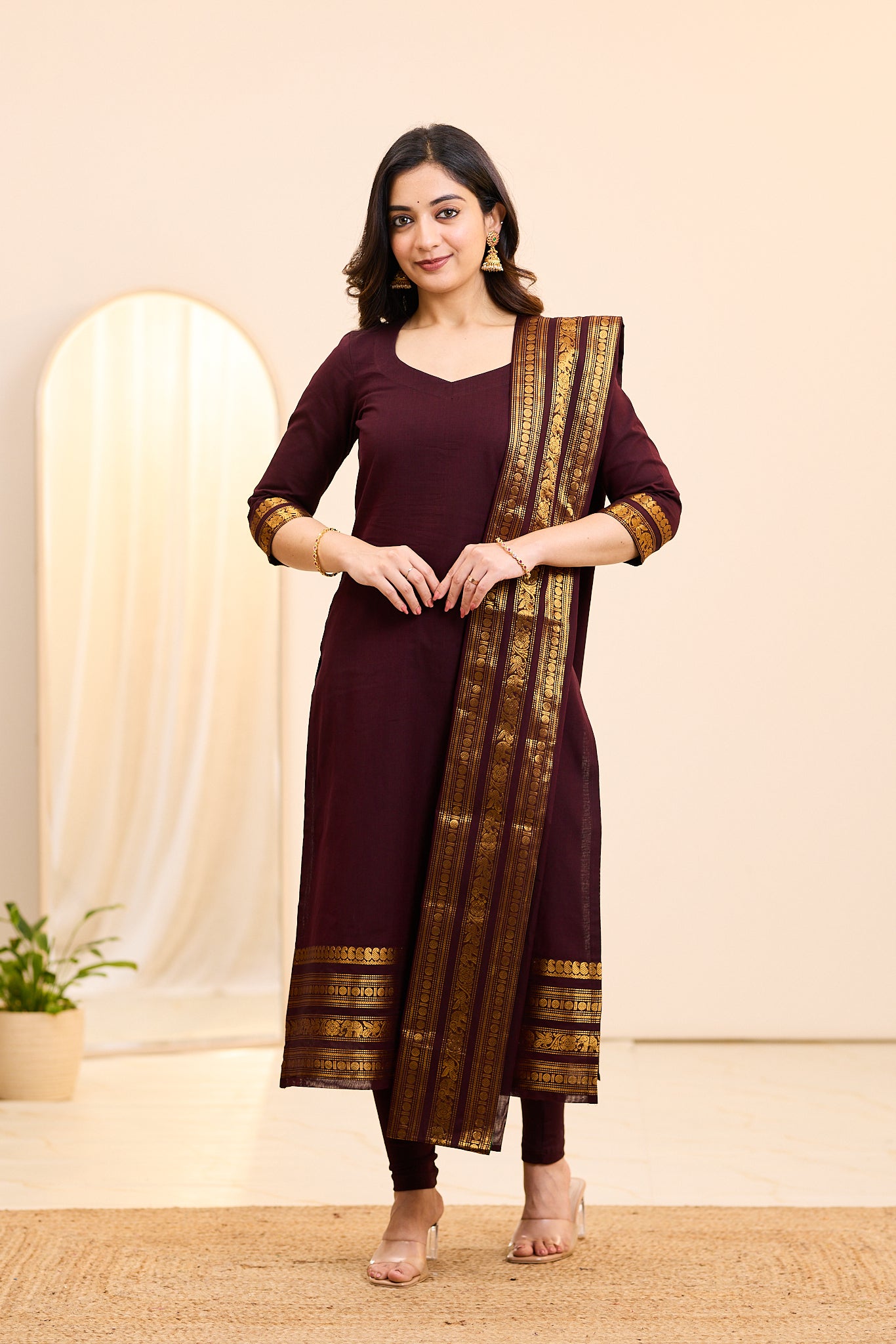 Toffee Brown Chettinad Cotton Top and Dupatta