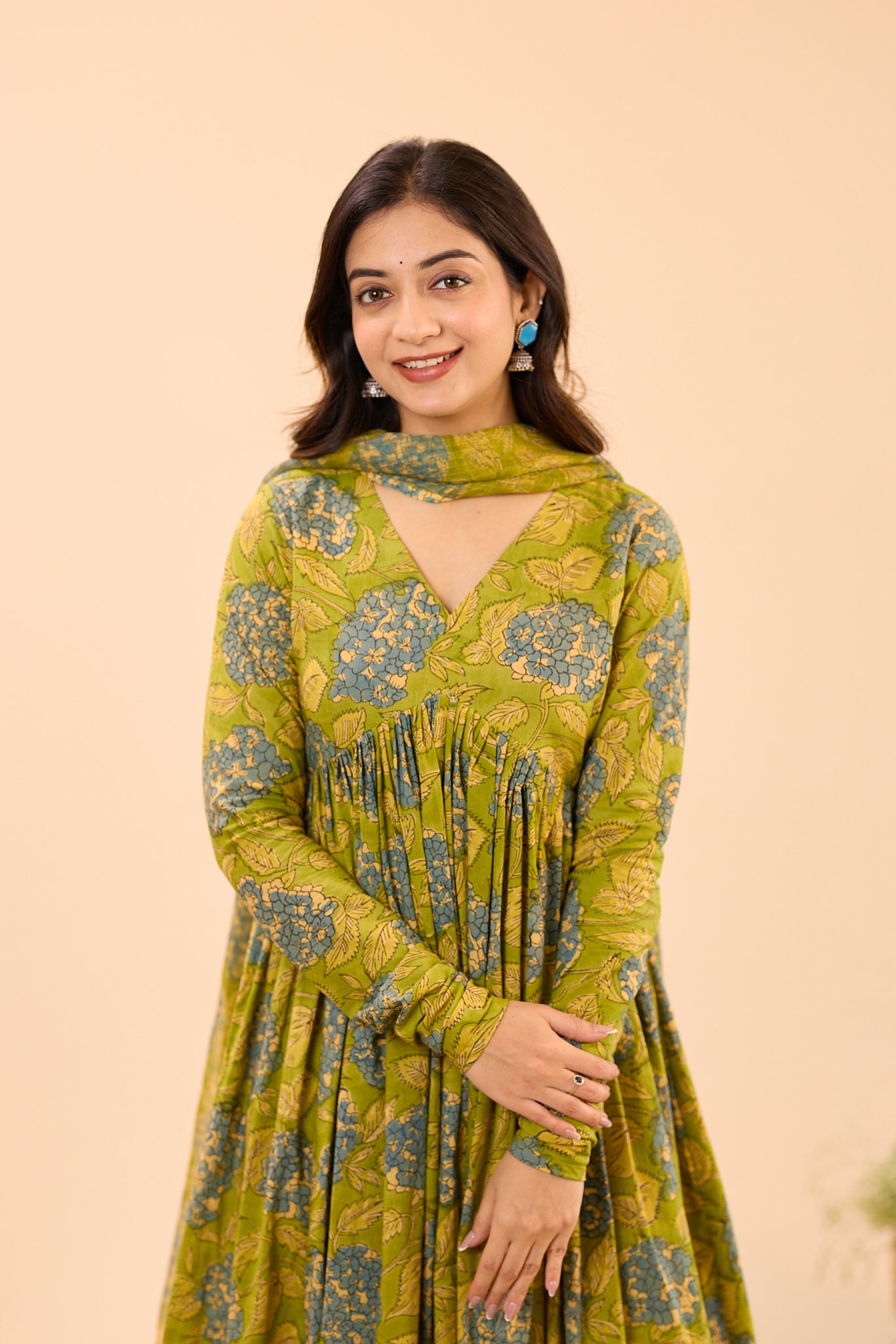 Leafy green with Blue Floral Printed Alia Cut Cotton Suit Set