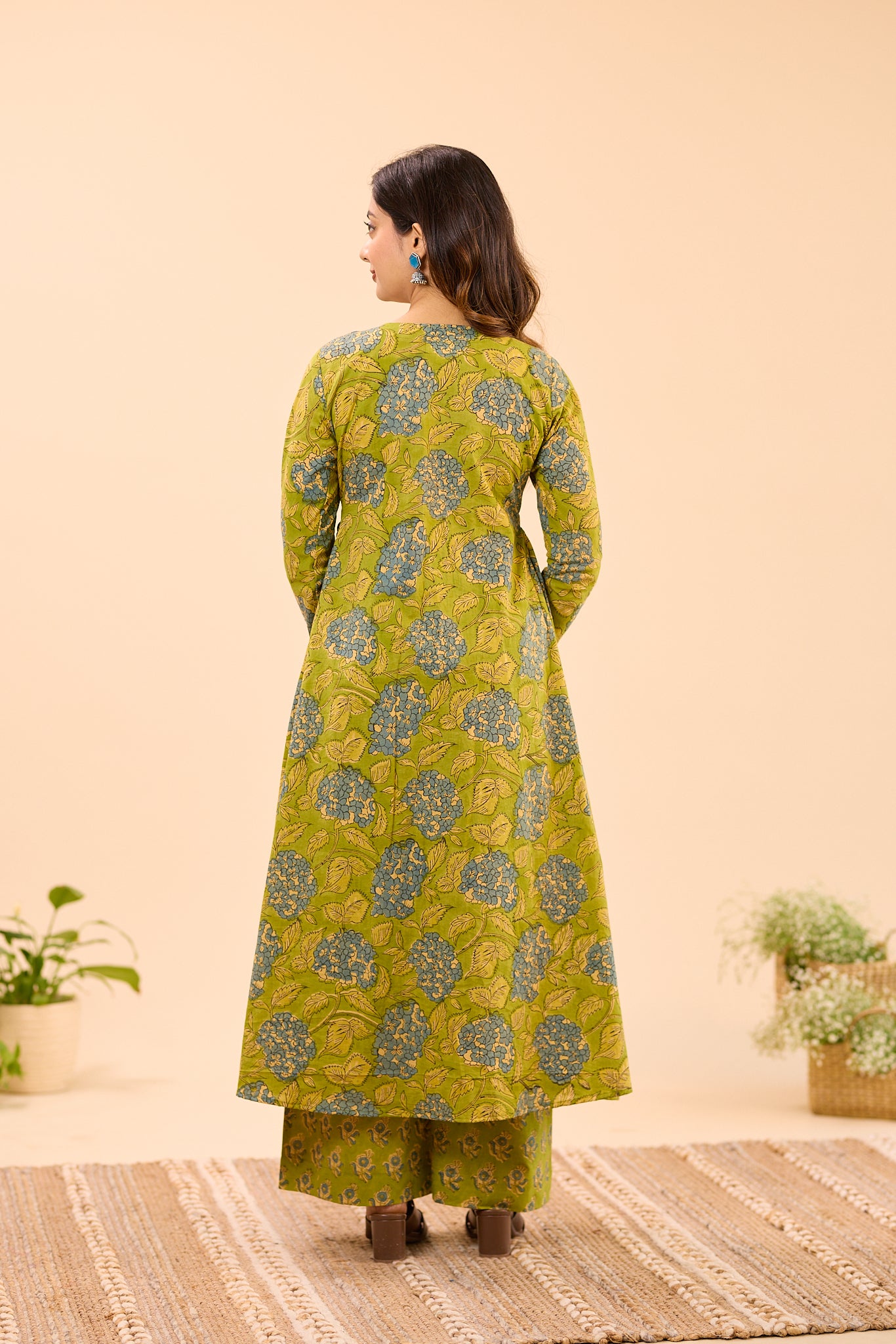 Leafy green with Blue Floral Printed Alia Cut Cotton Suit Set