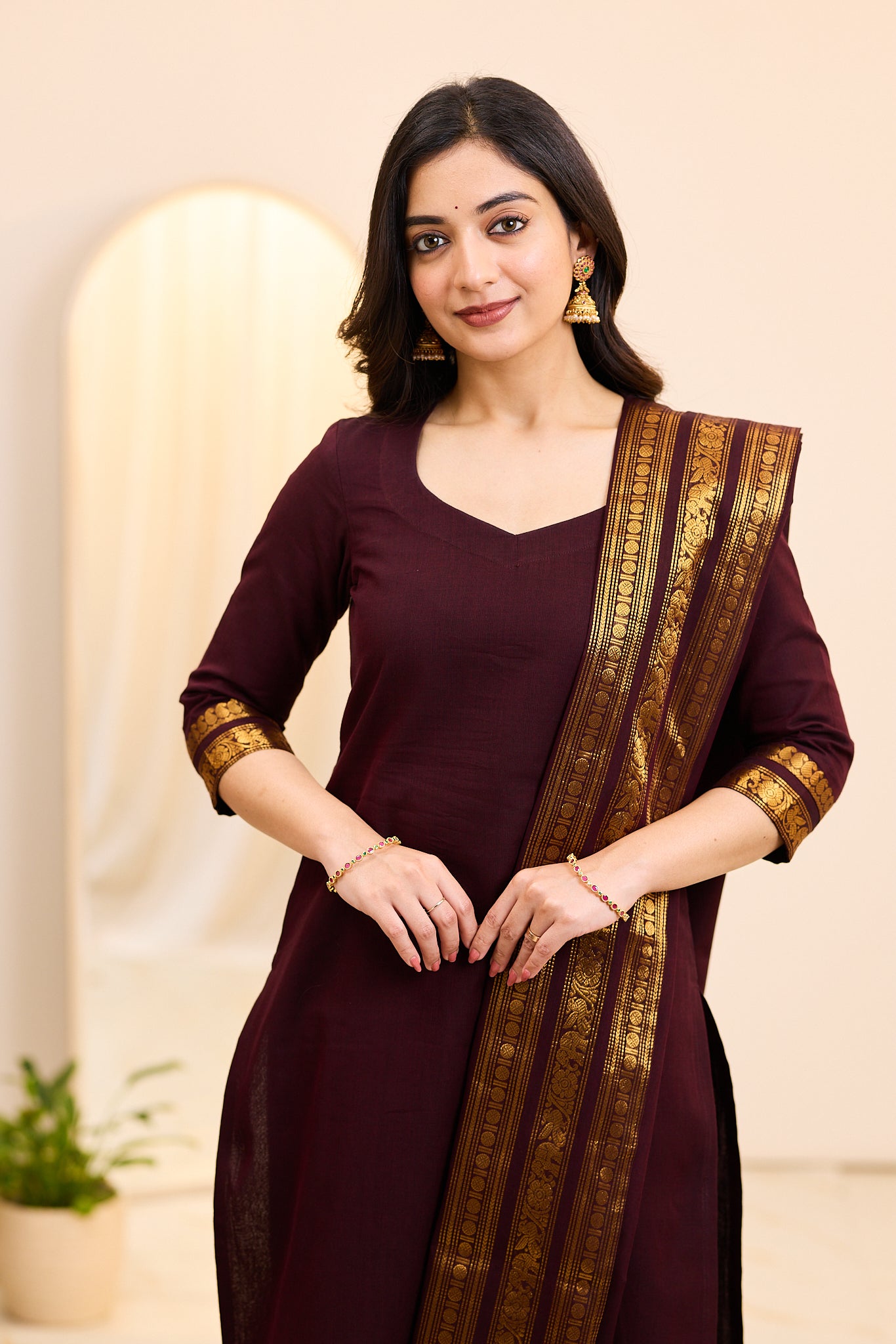 Toffee Brown Chettinad Cotton Top and Dupatta