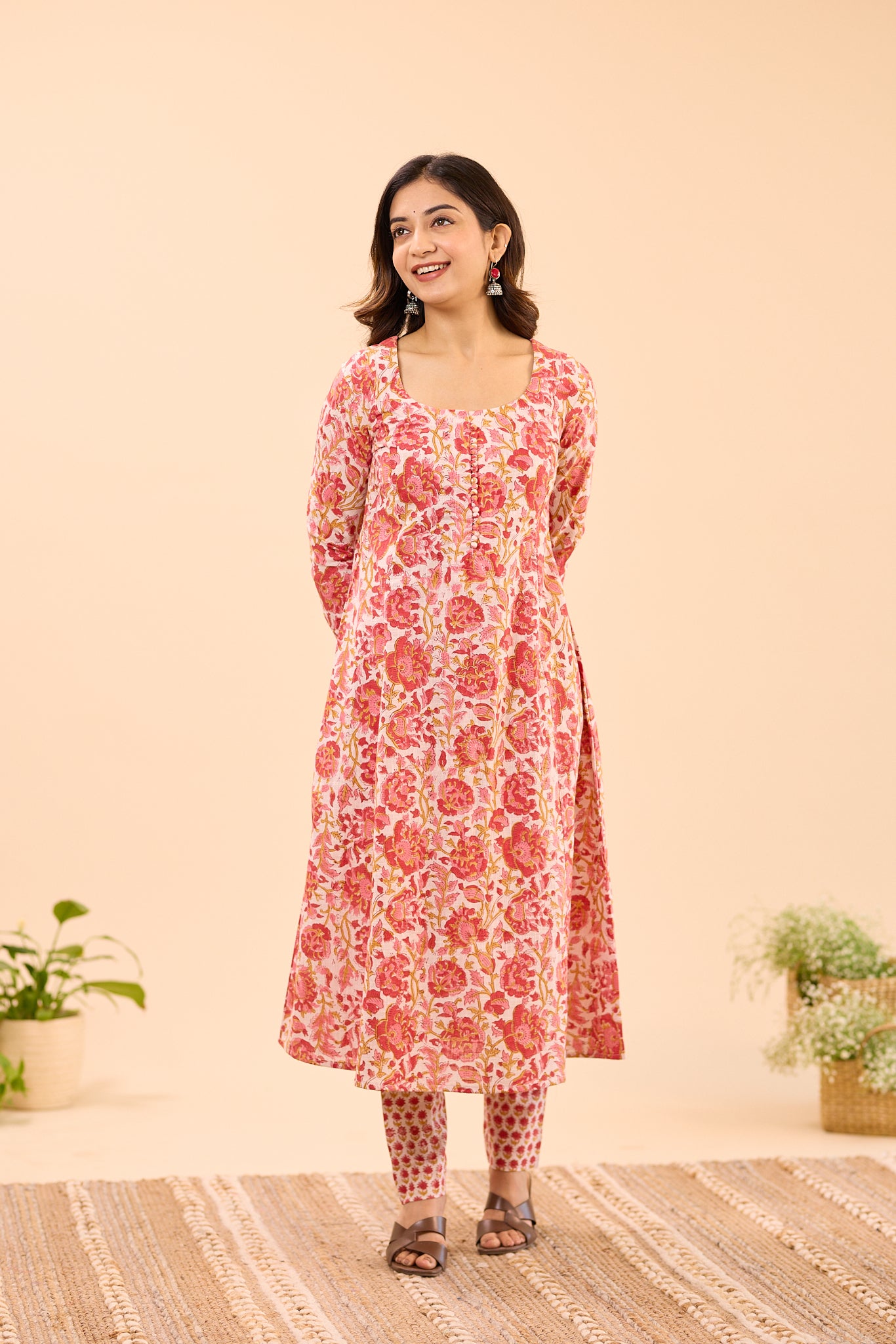 Red and White Floral Fit and Flare Cotton Salwar Suit Set
