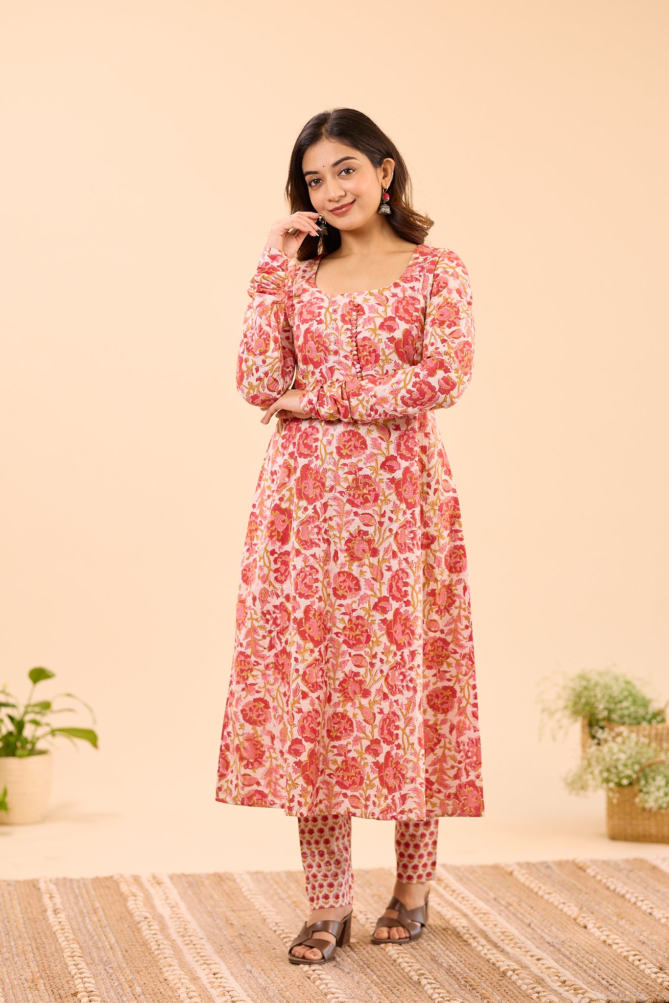 Red and White Floral Fit and Flare Cotton Salwar Suit Set