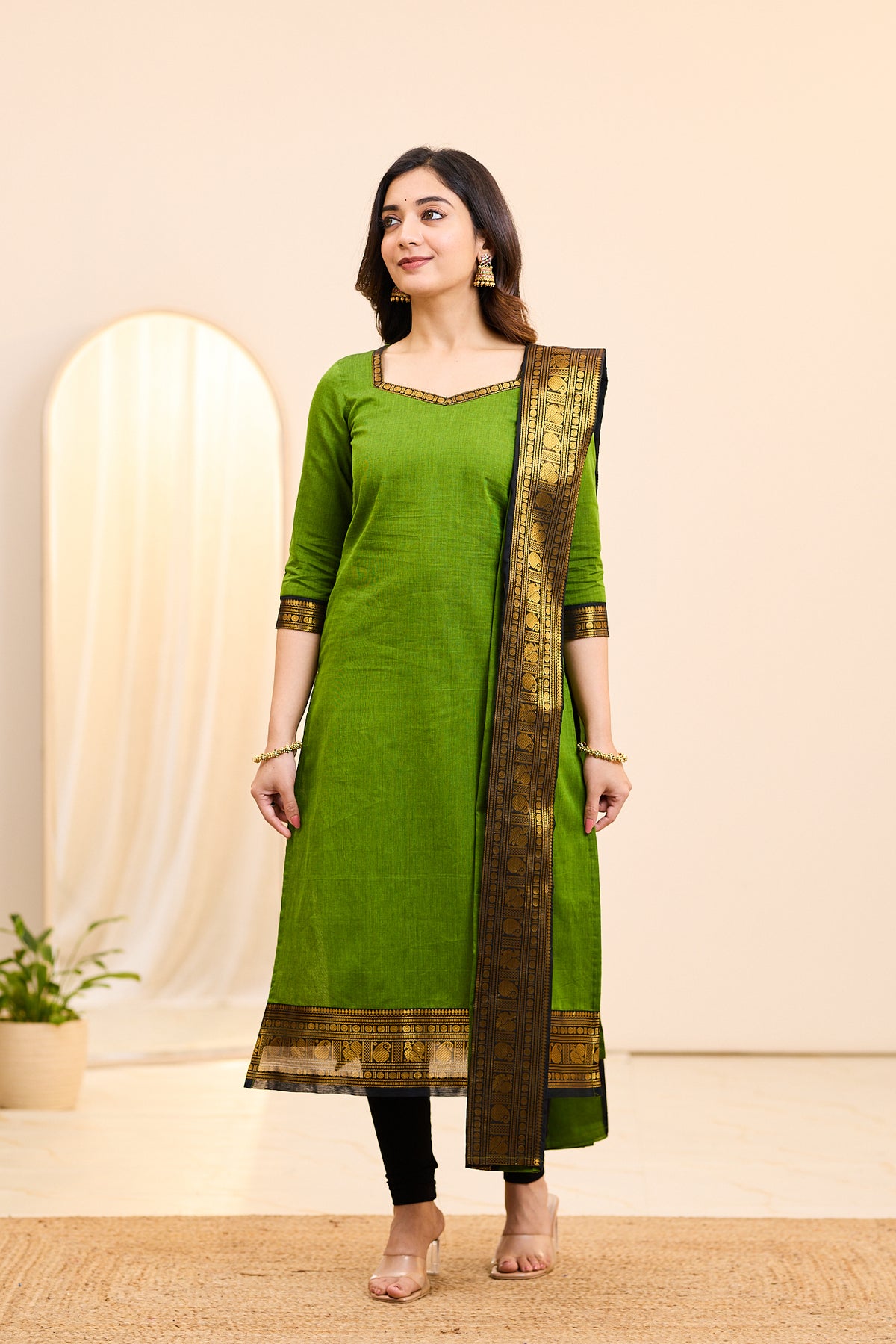Fresh Green Chettinad Cotton Top and Dupatta