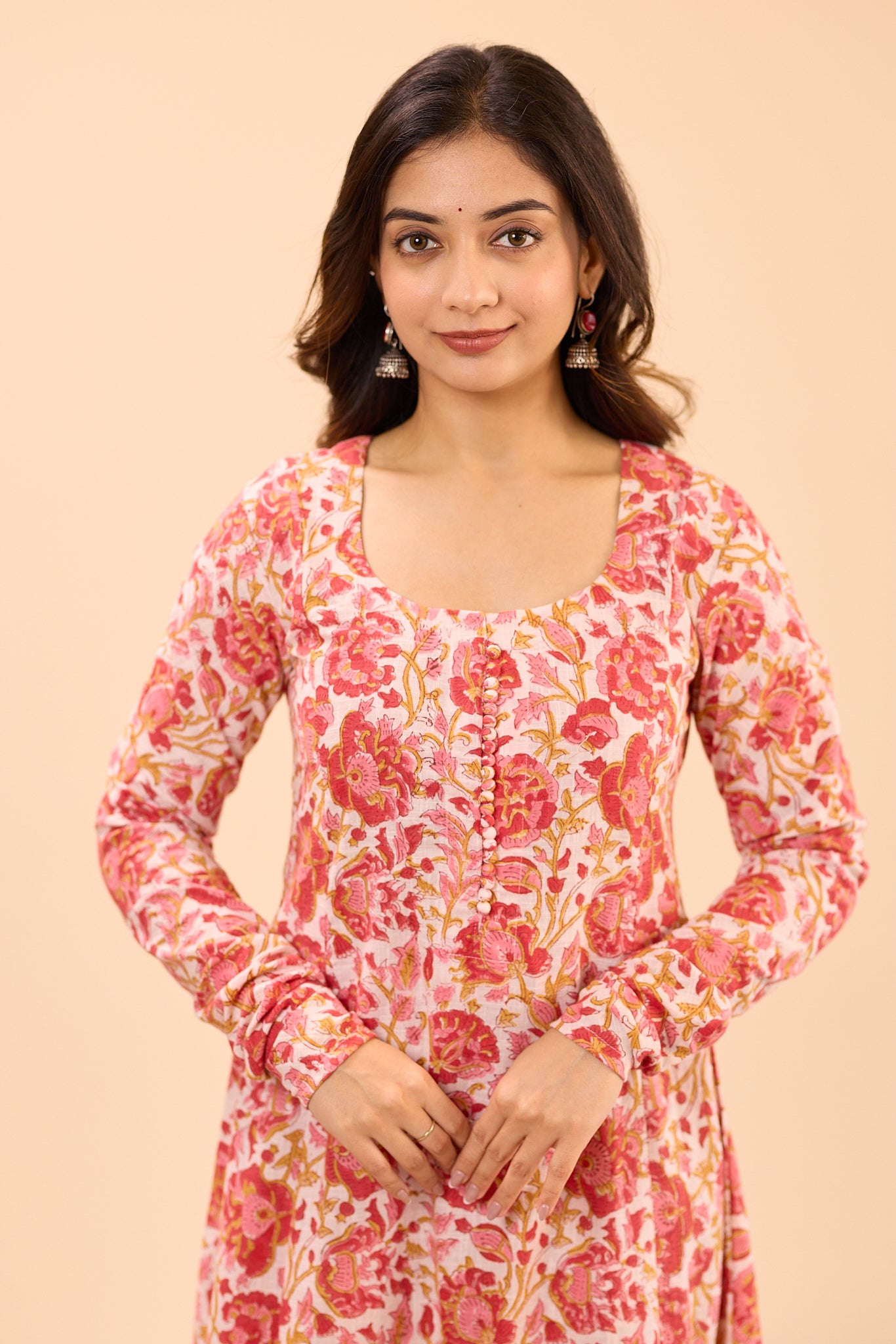 Red and White Floral Fit and Flare Cotton Salwar Suit Set