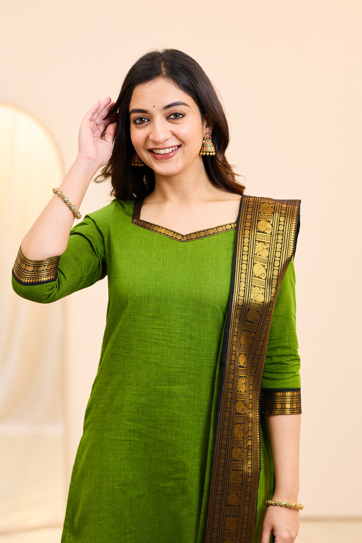 Fresh Green Chettinad Cotton Top and Dupatta