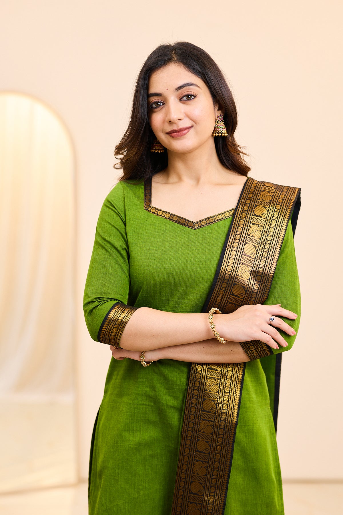 Fresh Green Chettinad Cotton Top and Dupatta