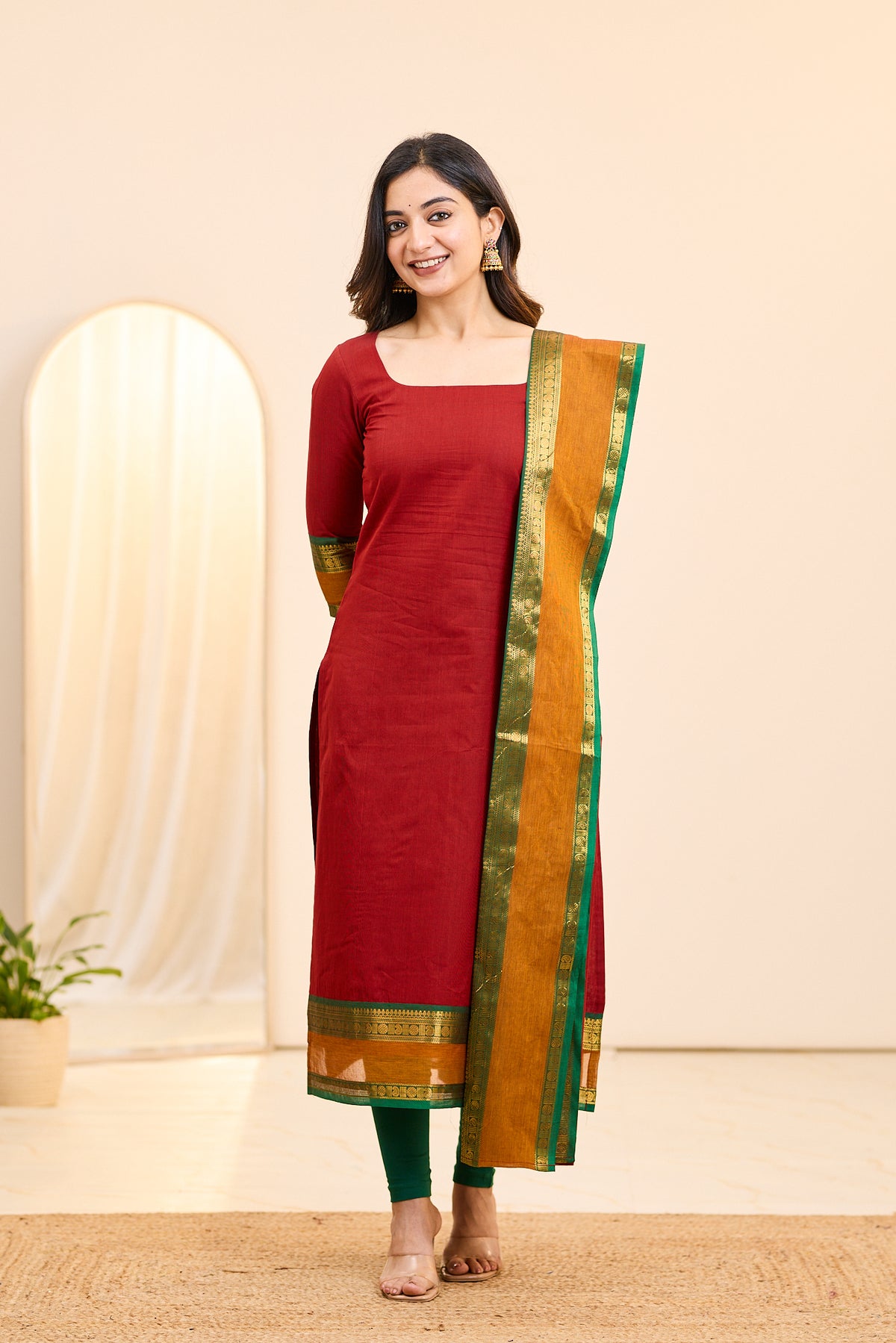 Pomegranate Red Chettinad Cotton Top and Dupatta