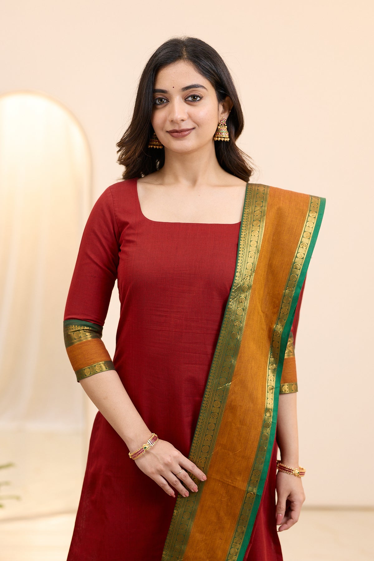Pomegranate Red Chettinad Cotton Top and Dupatta