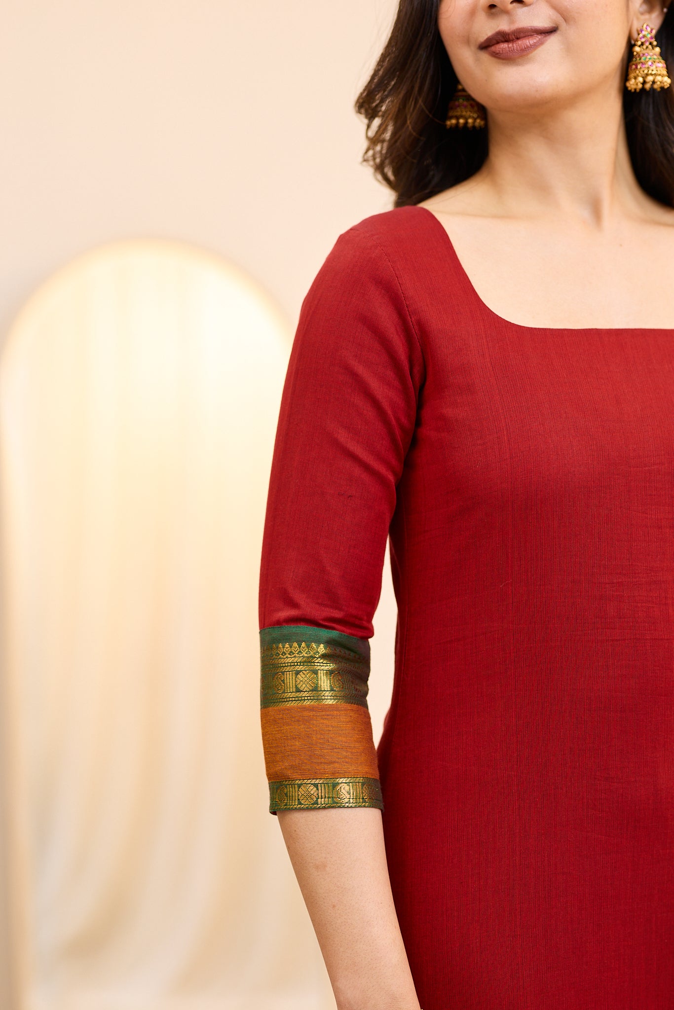 Pomegranate Red Chettinad Cotton Top and Dupatta