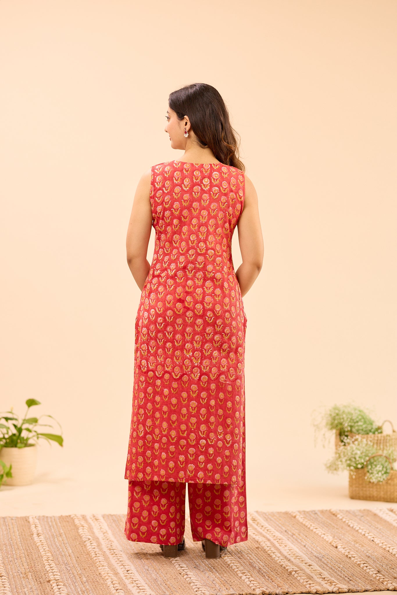 Cherry Red With Yellow Floral Printed Sleeve-less Cotton Co-ord Set