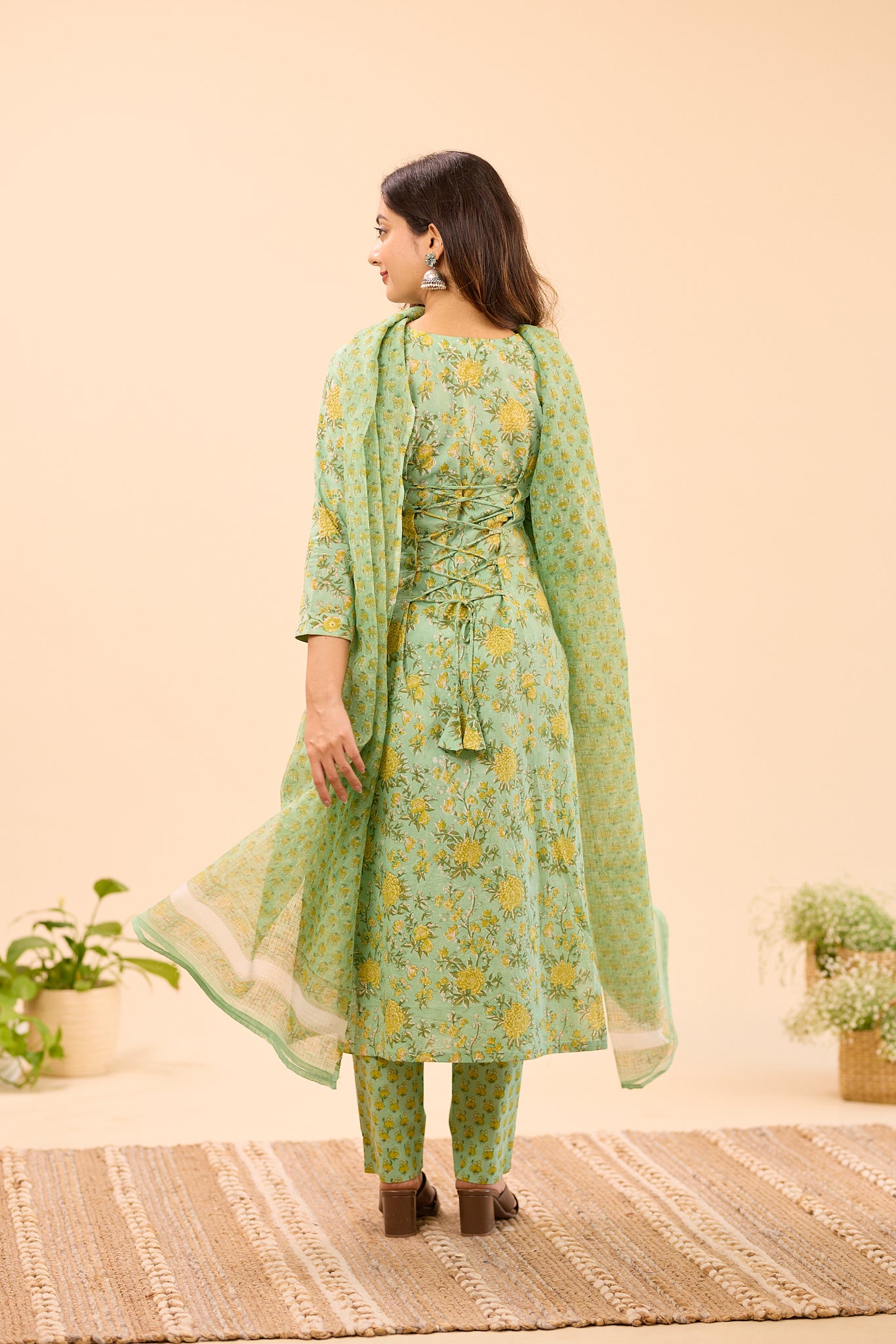 Pastel Green with Mustard Floral Printed Cotton Salwar Suit Set