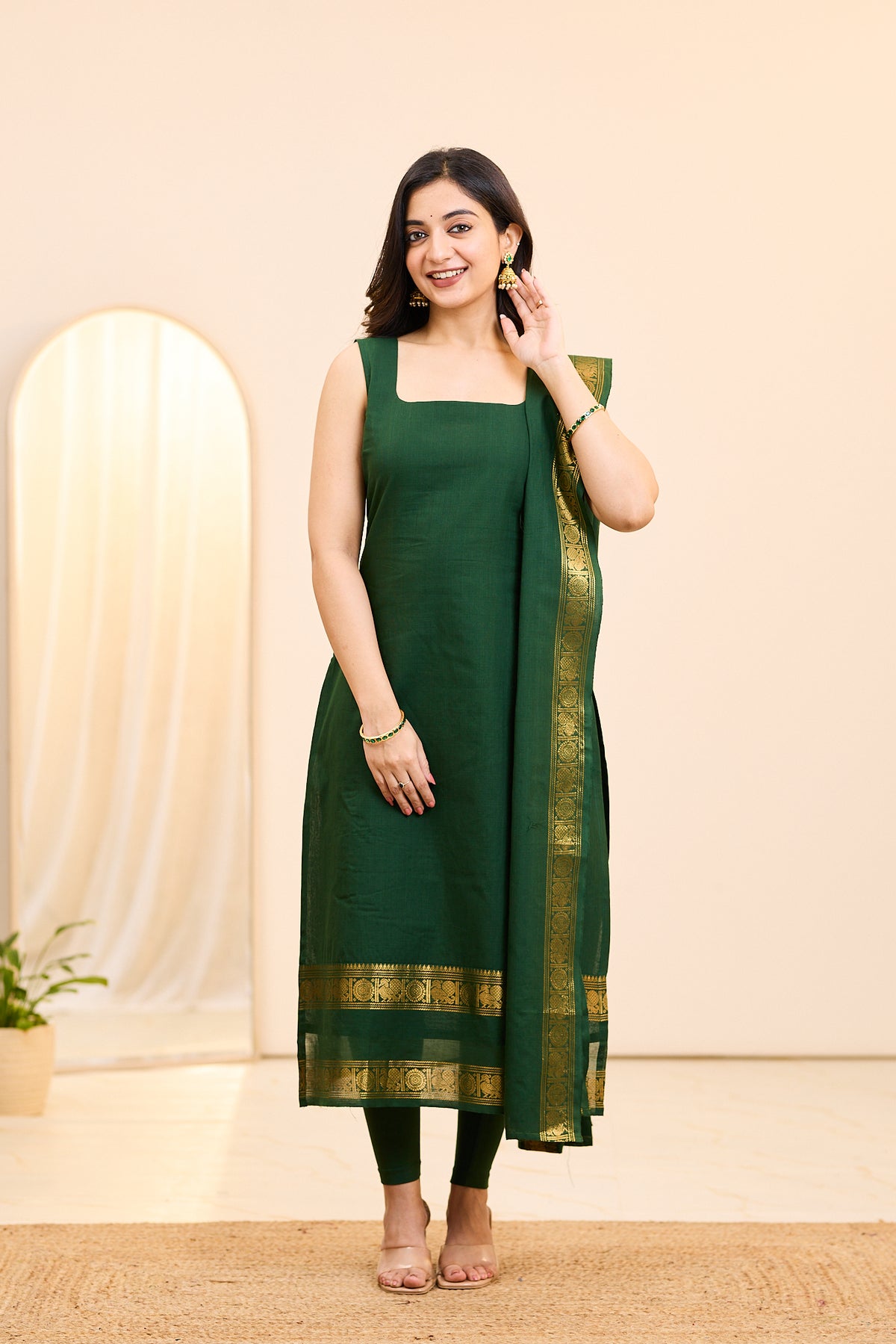 Emerald Green Chettinad Cotton Top and Dupatta