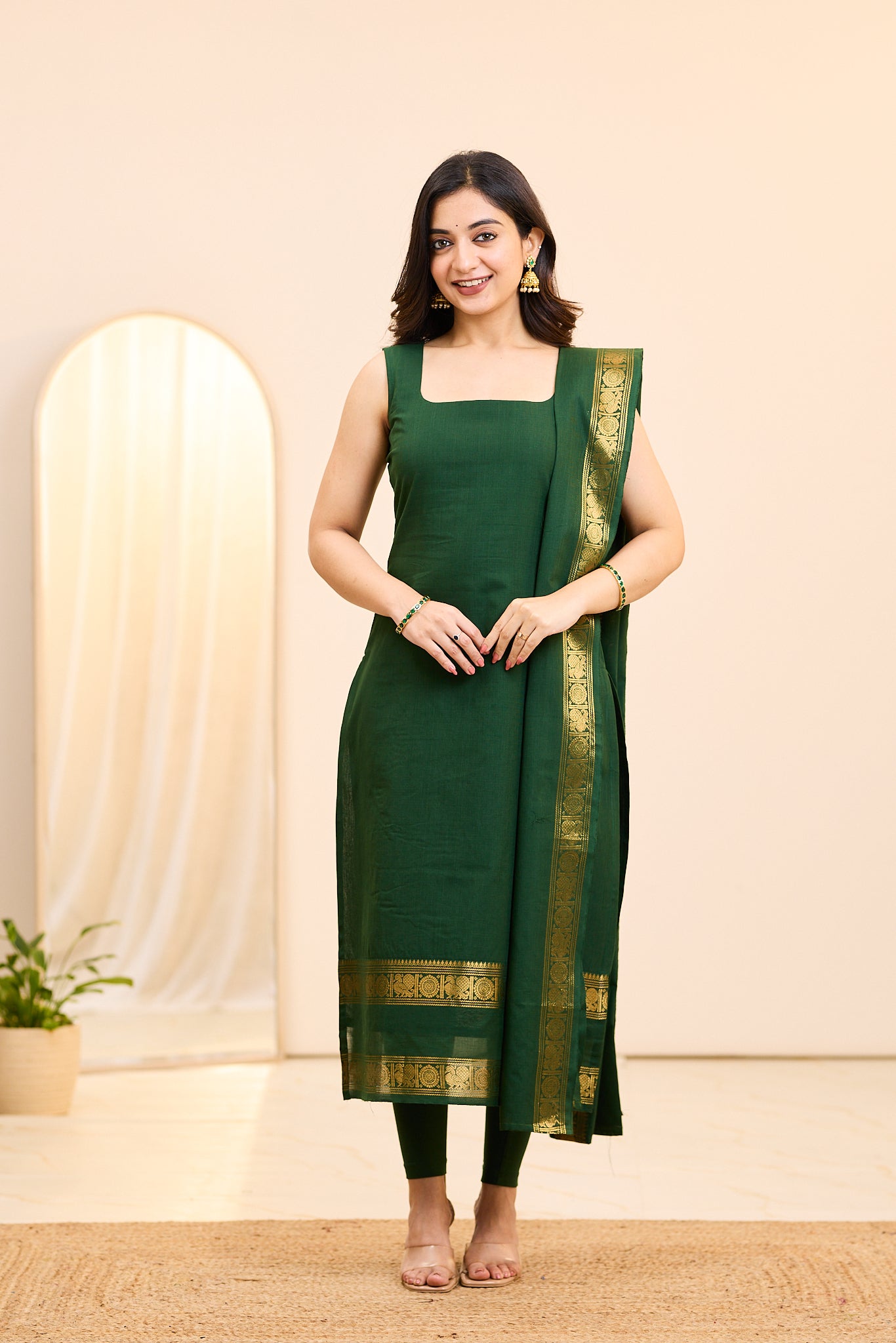 Emerald Green Chettinad Cotton Top and Dupatta