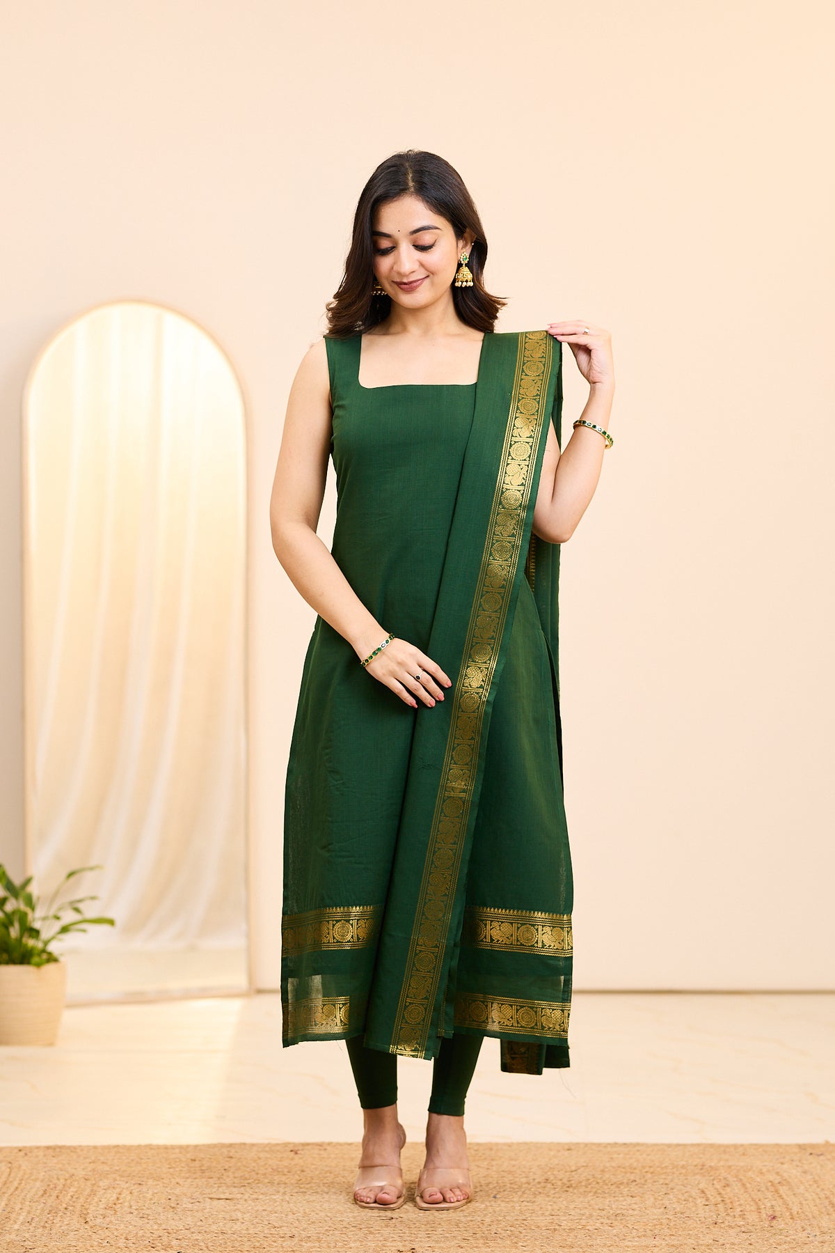 Emerald Green Chettinad Cotton Top and Dupatta