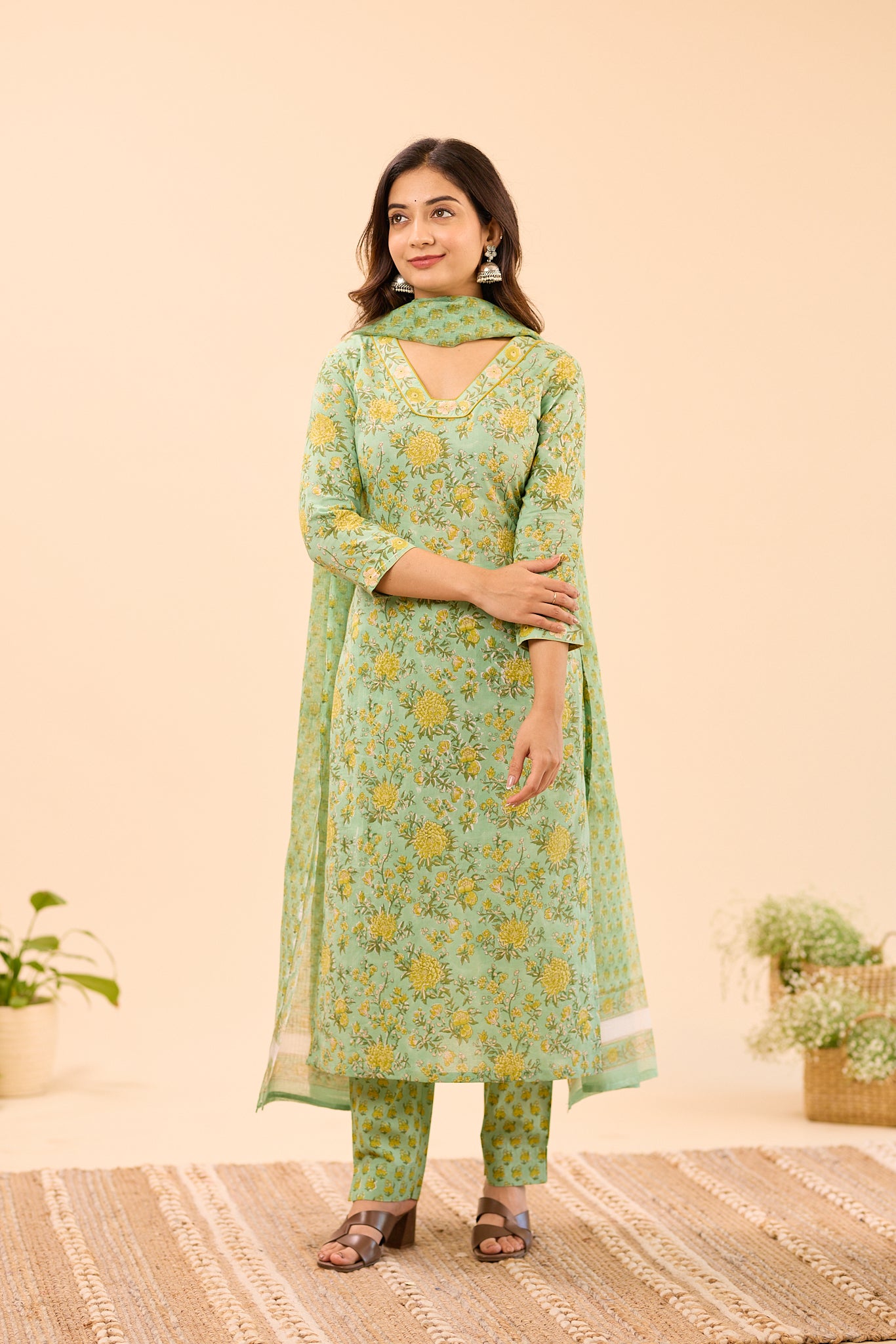 Pastel Green with Mustard Floral Printed Cotton Salwar Suit Set