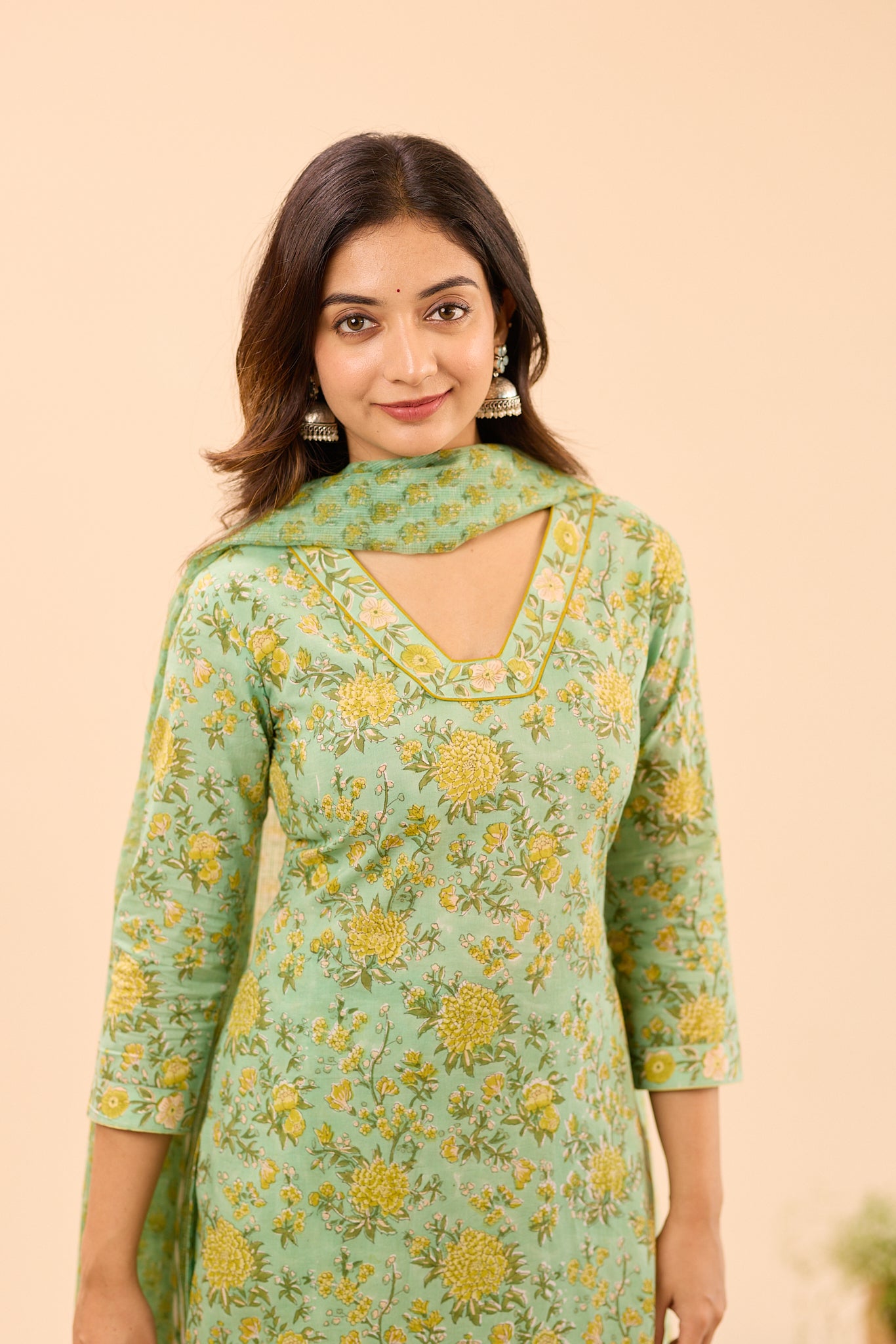 Pastel Green with Mustard Floral Printed Cotton Salwar Suit Set