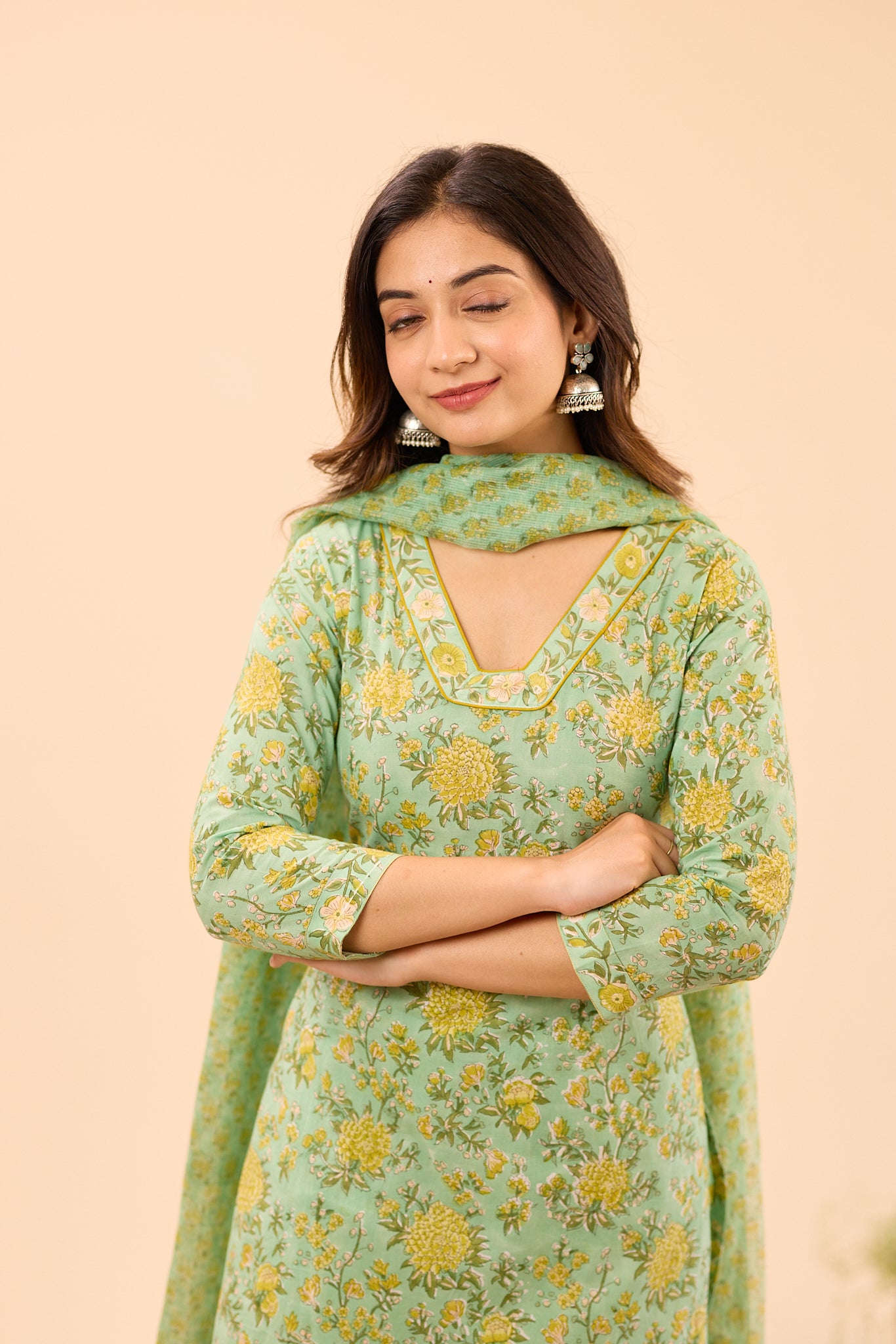 Pastel Green with Mustard Floral Printed Cotton Salwar Suit Set
