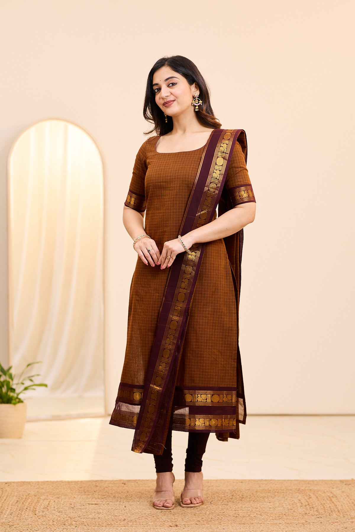 Sparkling Brown Chettinad Cotton Top and Dupatta