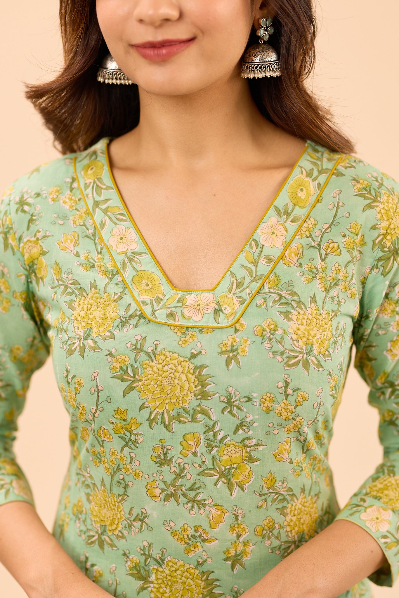 Pastel Green with Mustard Floral Printed Cotton Salwar Suit Set