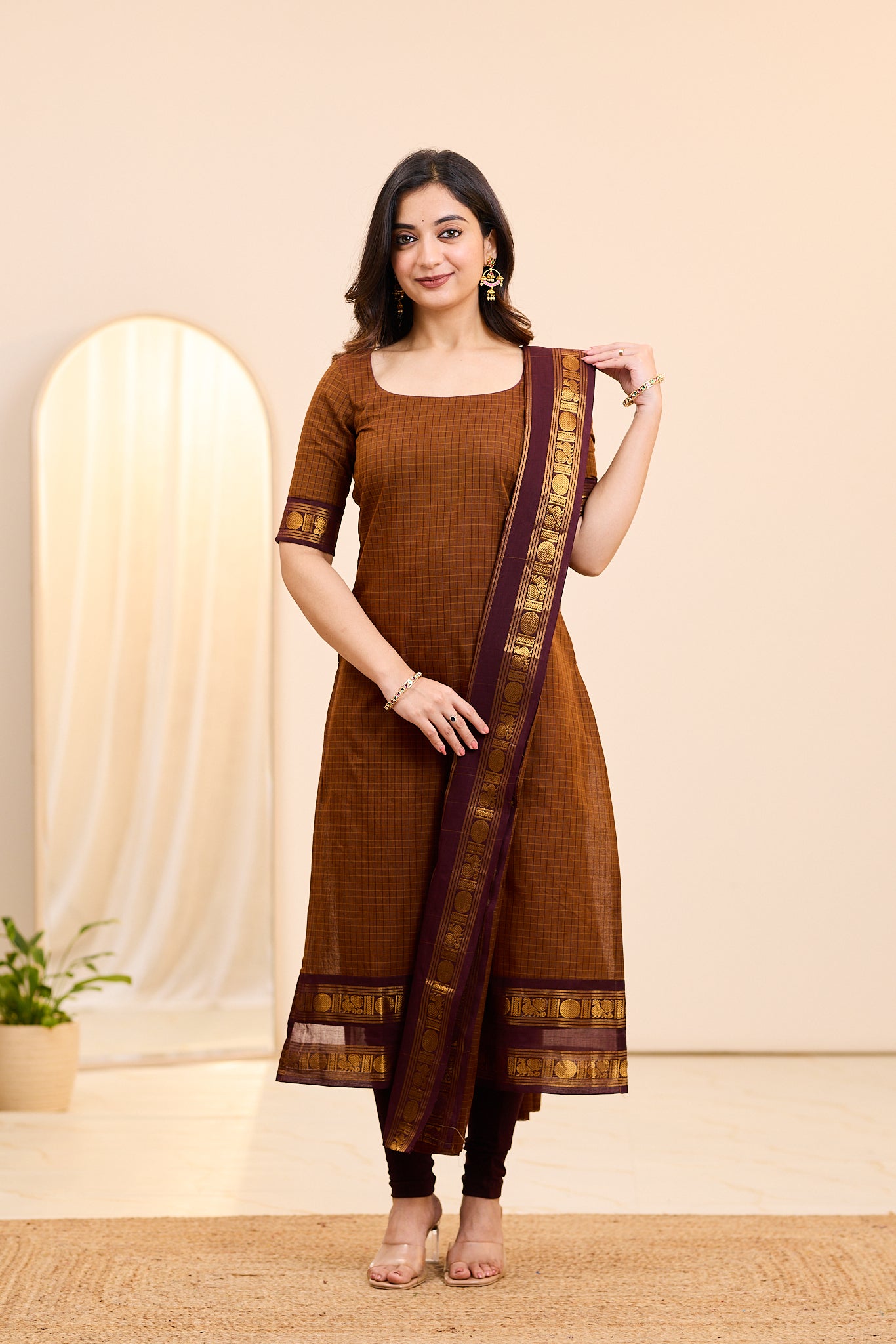 Sparkling Brown Chettinad Cotton Top and Dupatta