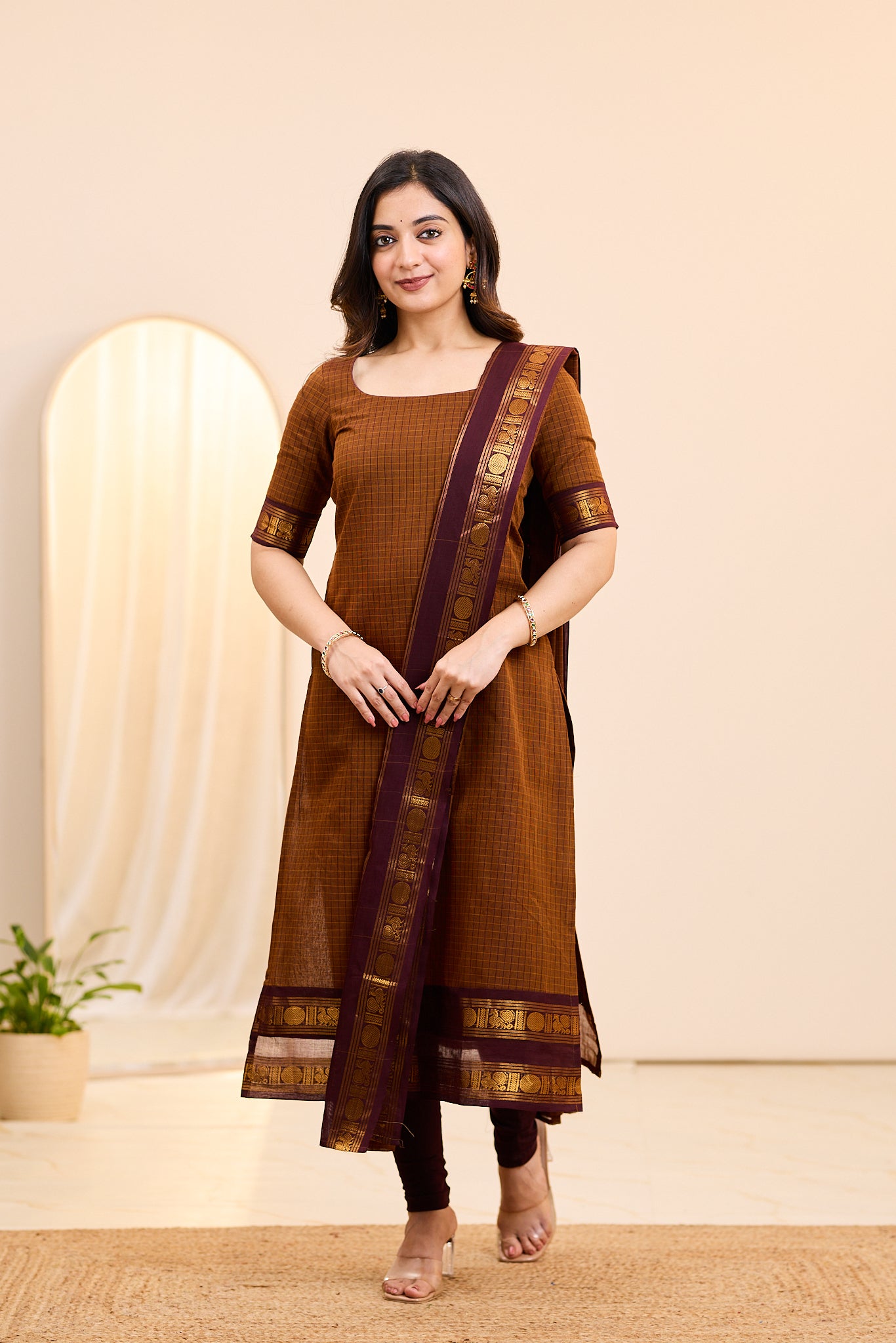 Sparkling Brown Chettinad Cotton Top and Dupatta